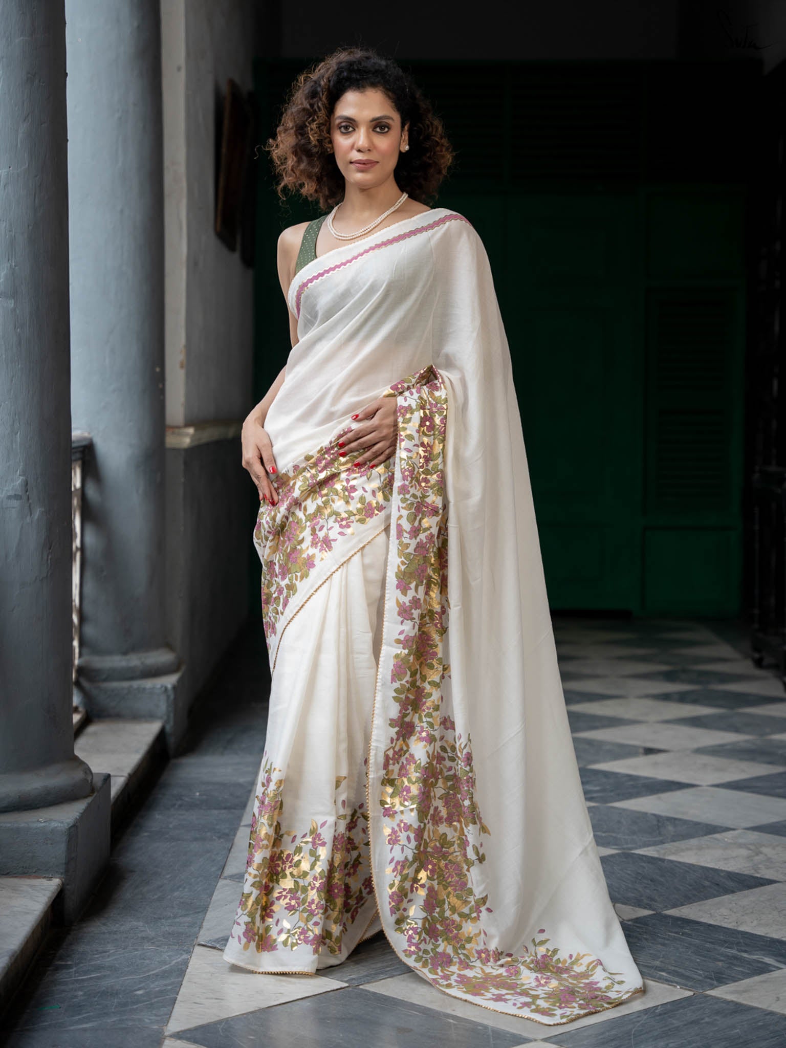 Floral foil printed off white saree