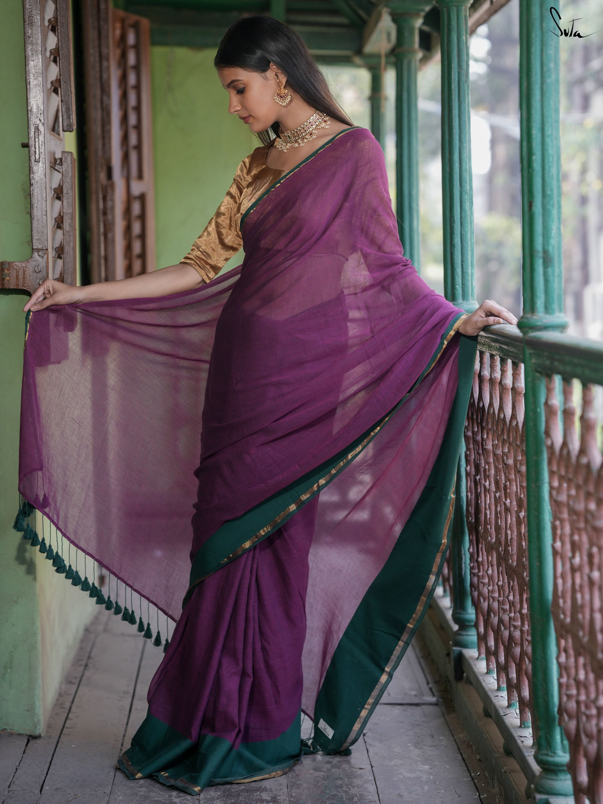 Mul Cotton Purple Green Saree