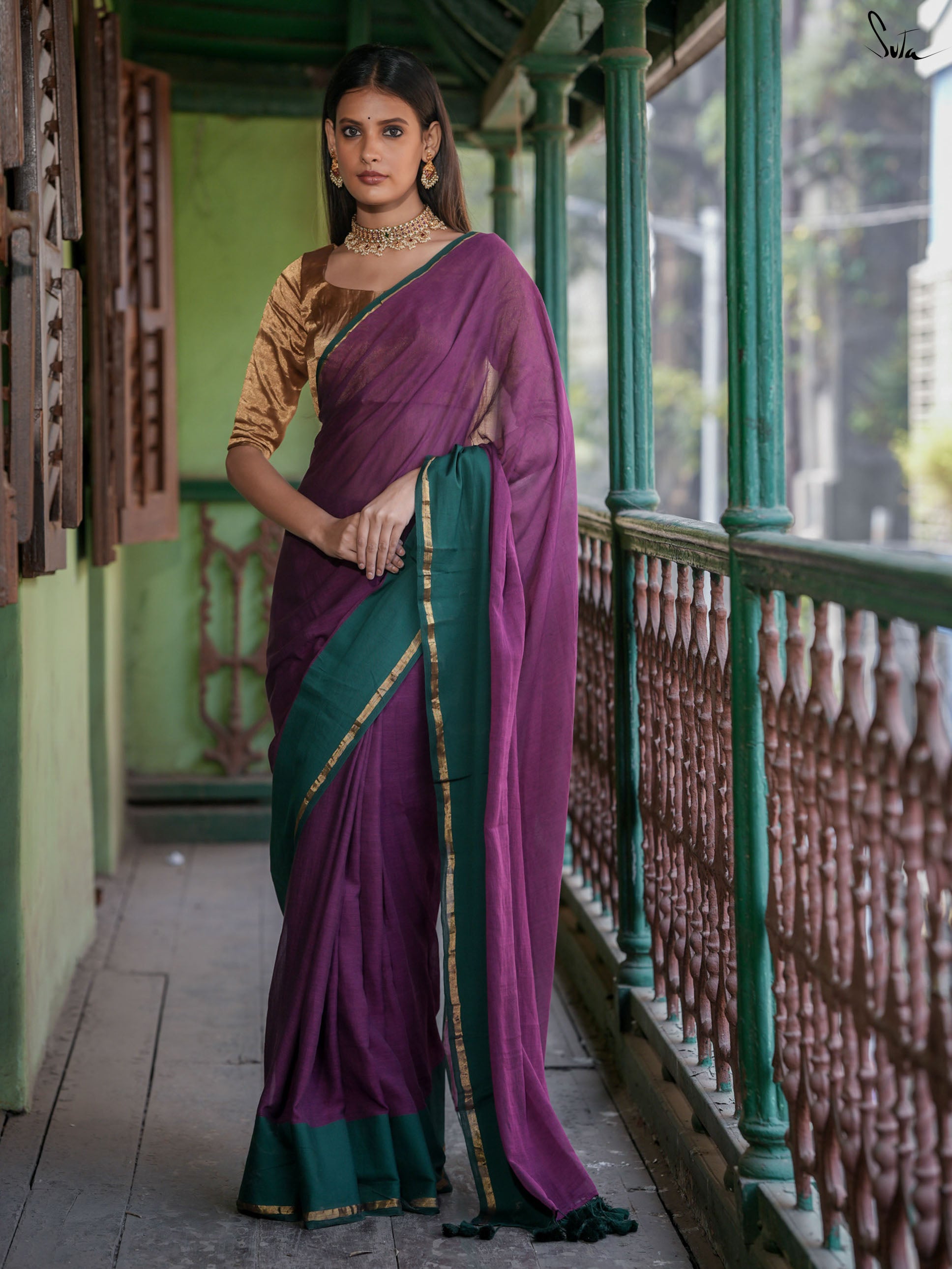 Mul Cotton Purple Green Saree