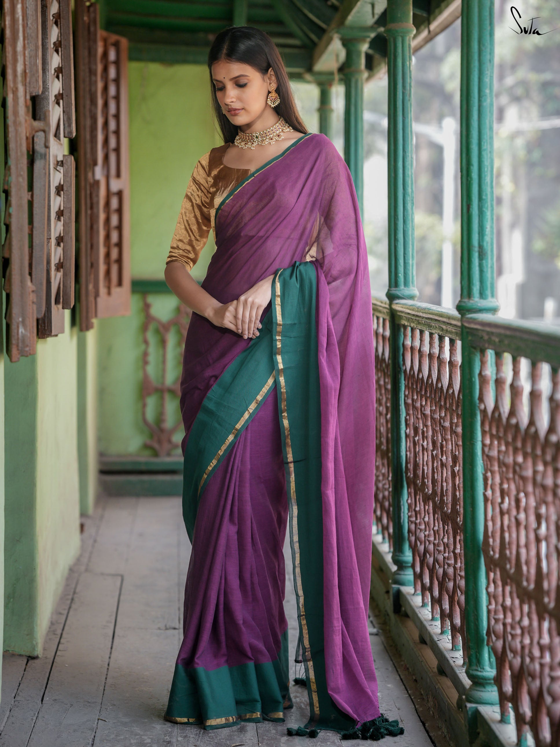 Mul Cotton Purple Green Saree
