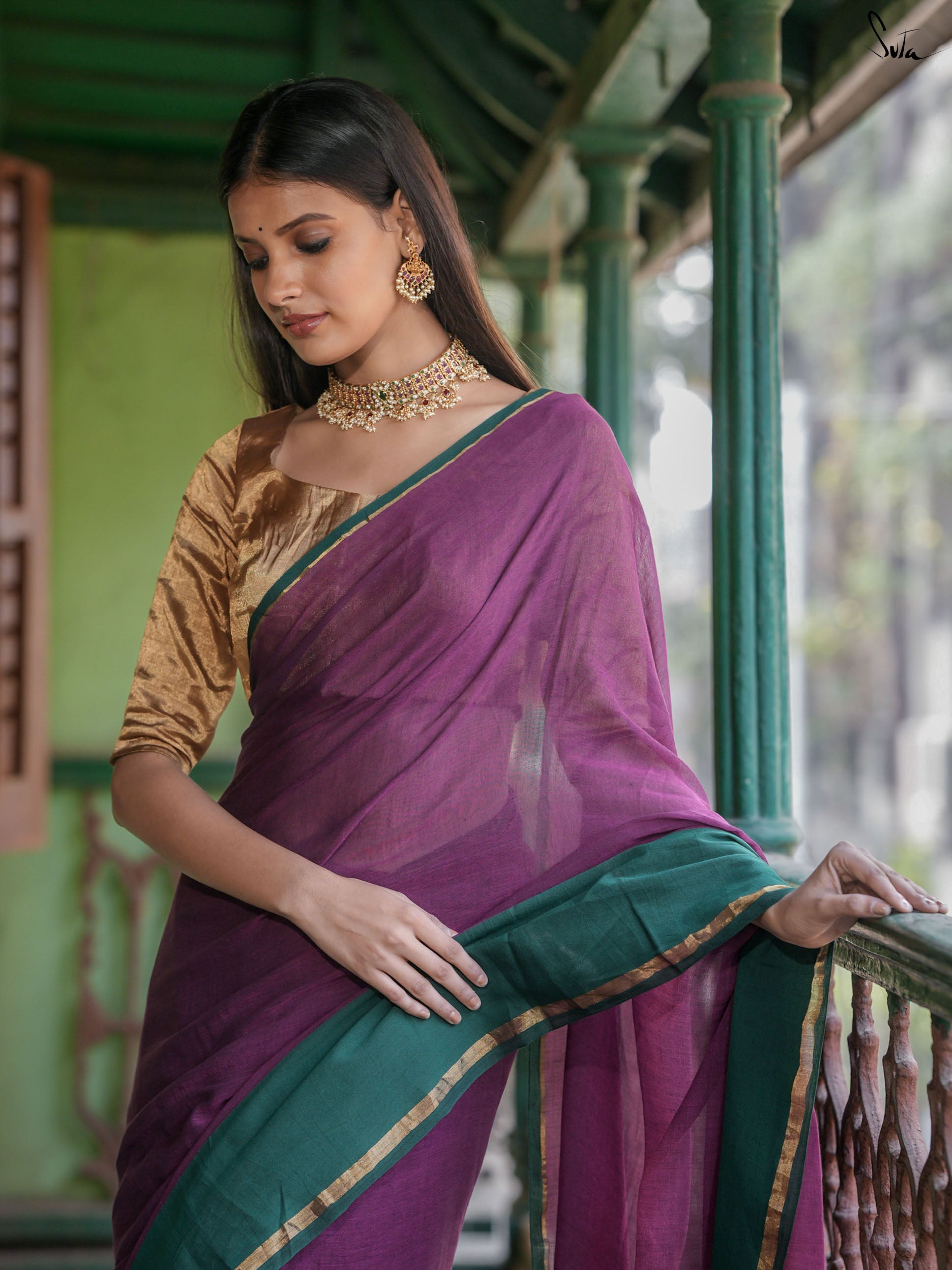 Mul Cotton Purple Green Saree