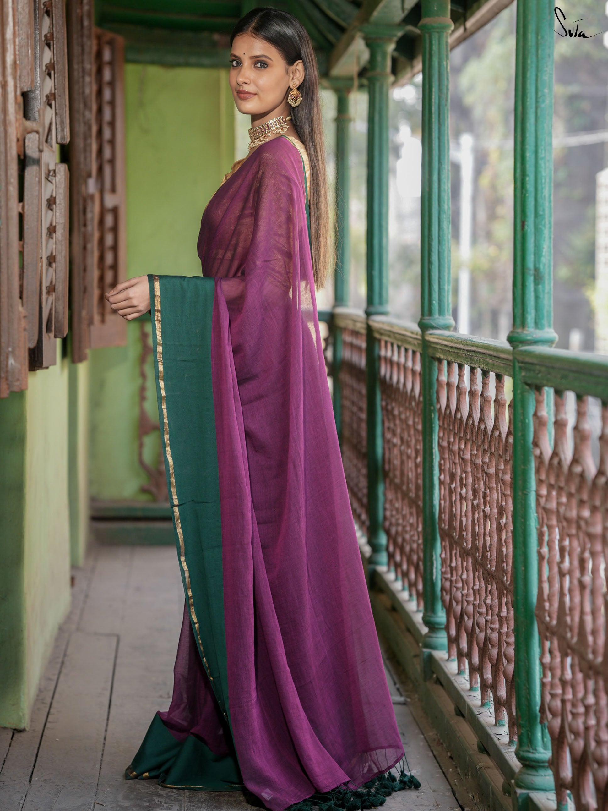 Mul Cotton Purple Green Saree