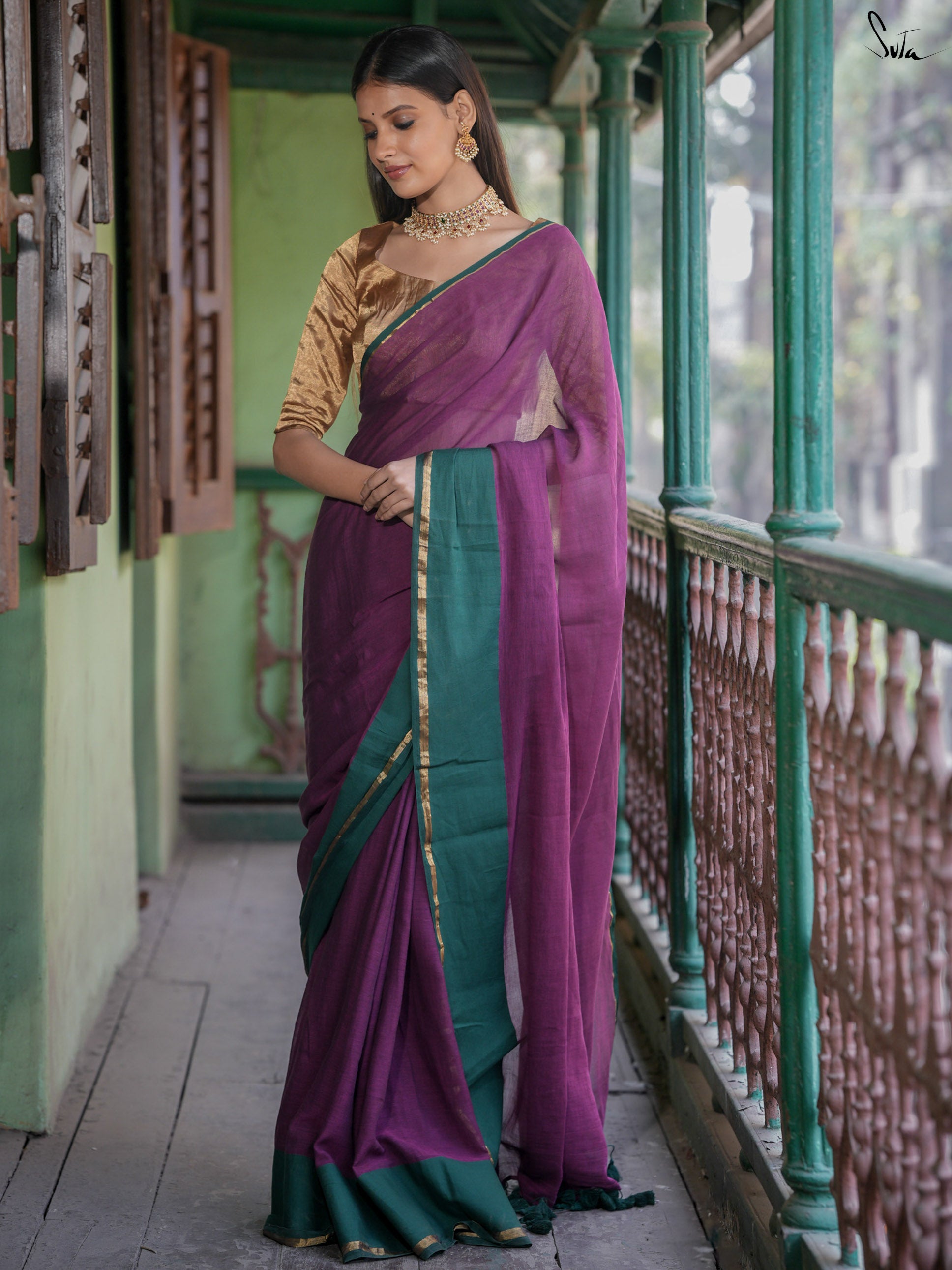 Mul Cotton Purple Green Saree