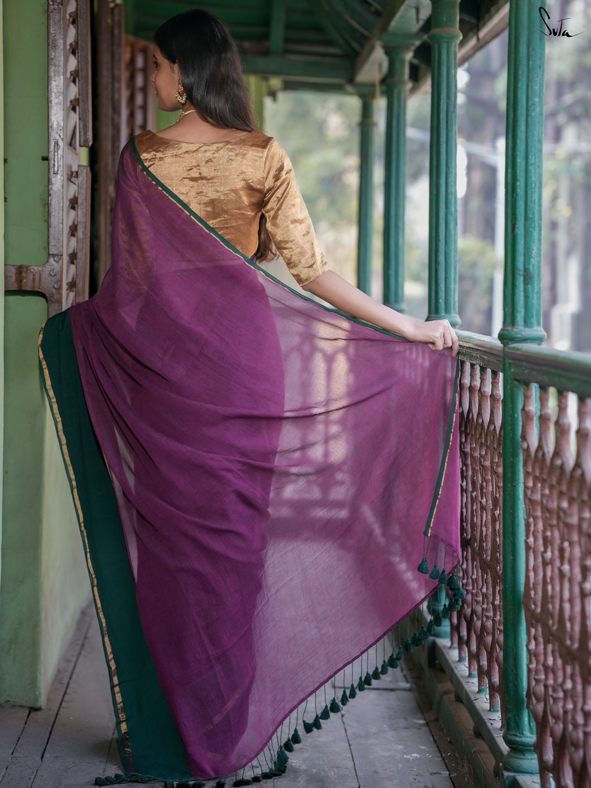 Mul Cotton Purple Green Saree