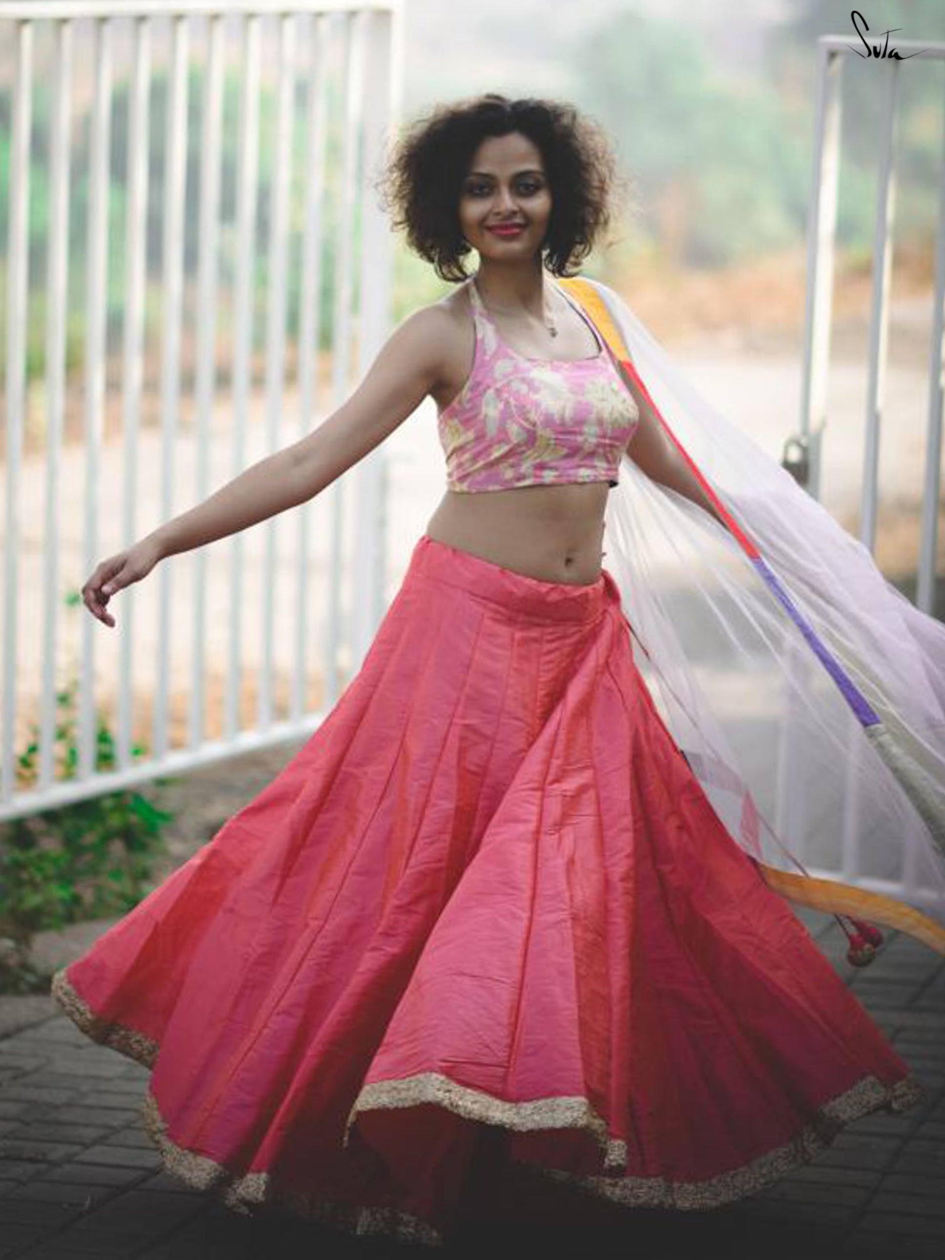 Dhoop Chav Peach And Pink Raw Silk Skirt