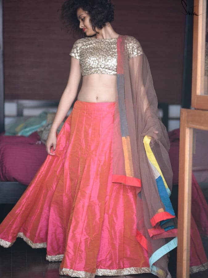 Dhoopchav Pink And Orange Raw Silk Skirt - suta.in