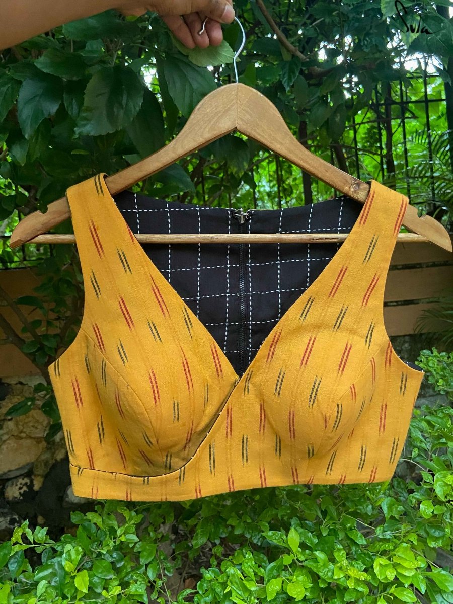 Yellow and Black Alat Palat (Blouse) - suta.in
