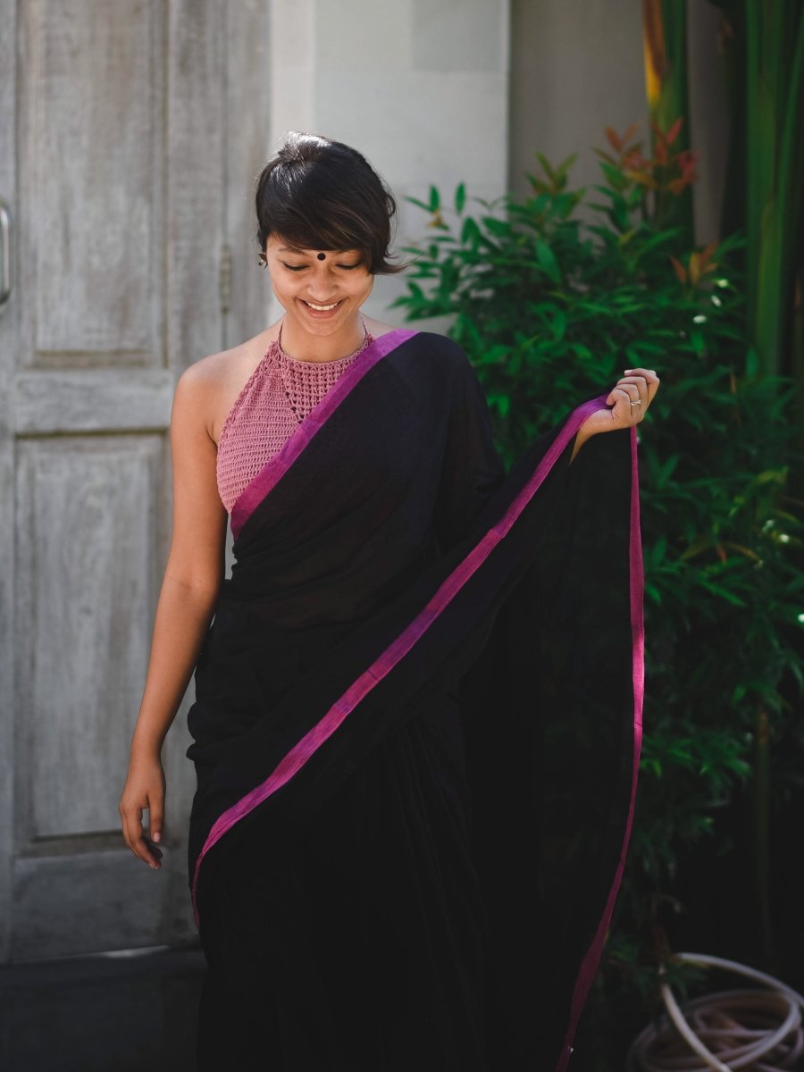 Black saree with hot pink sale blouse