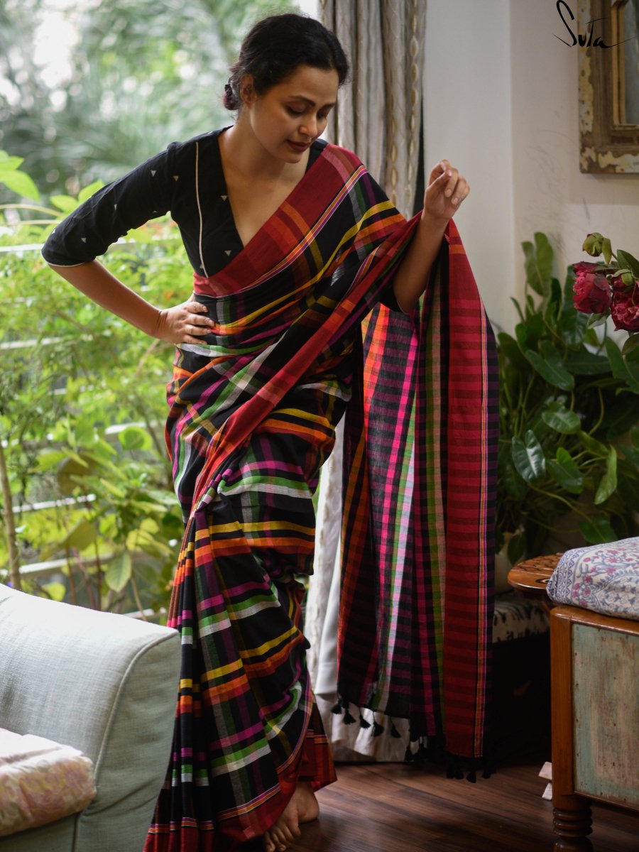 Soft Cotton Black Saree With Multicolor Stripes, Bulbuli