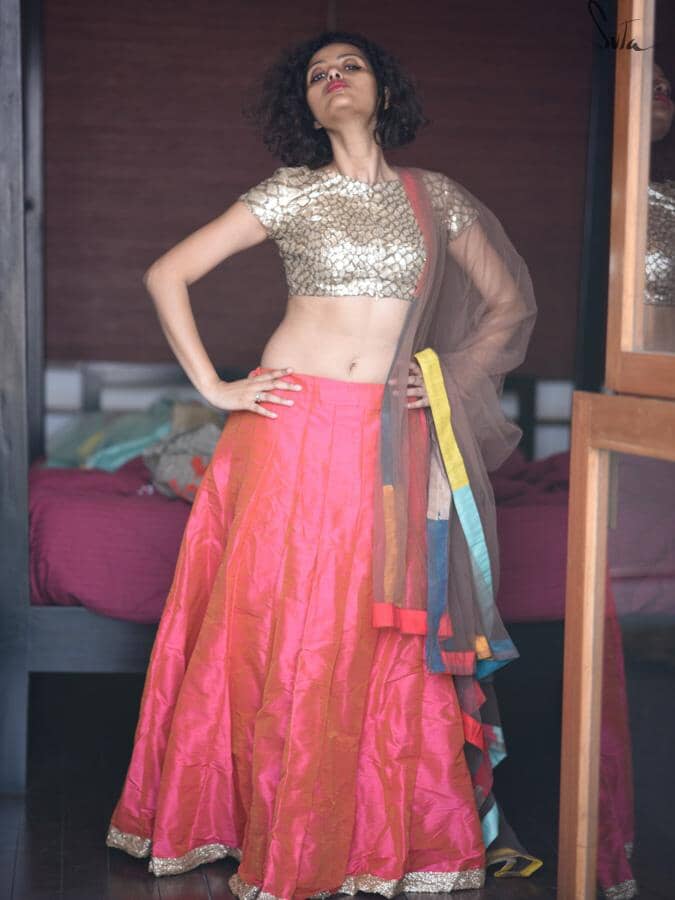 Dhoopchav Pink And Orange Raw Silk Skirt - suta.in