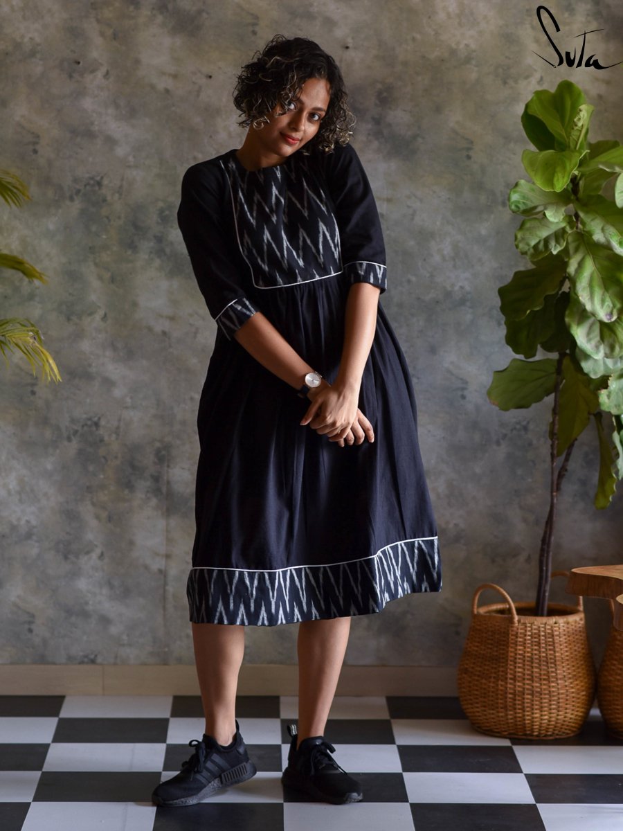 nawabi dress for ladies Ikat Design One Piece Black Women|Naina Nawabi|Suta duchess satin