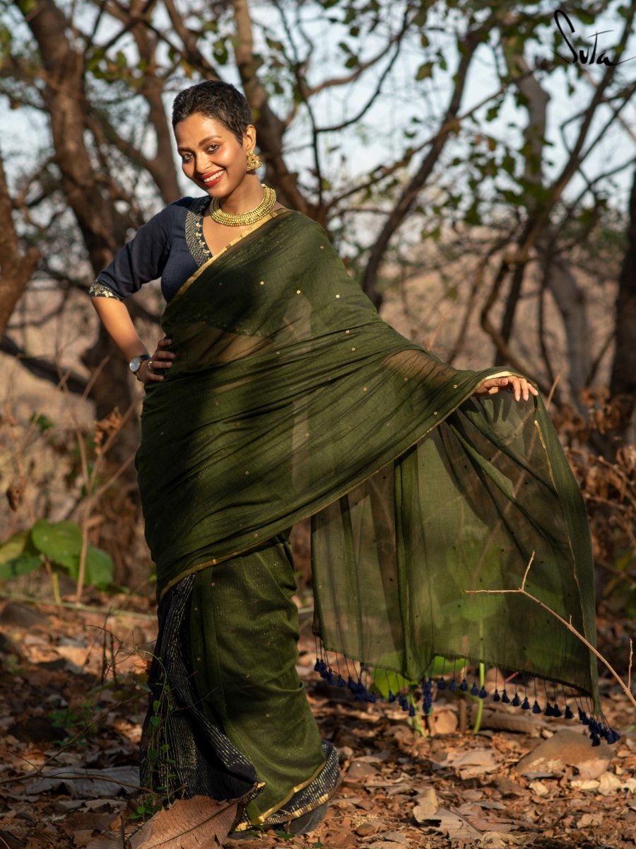 Zari Work Sequins Green Saree, Withered Forest Swara