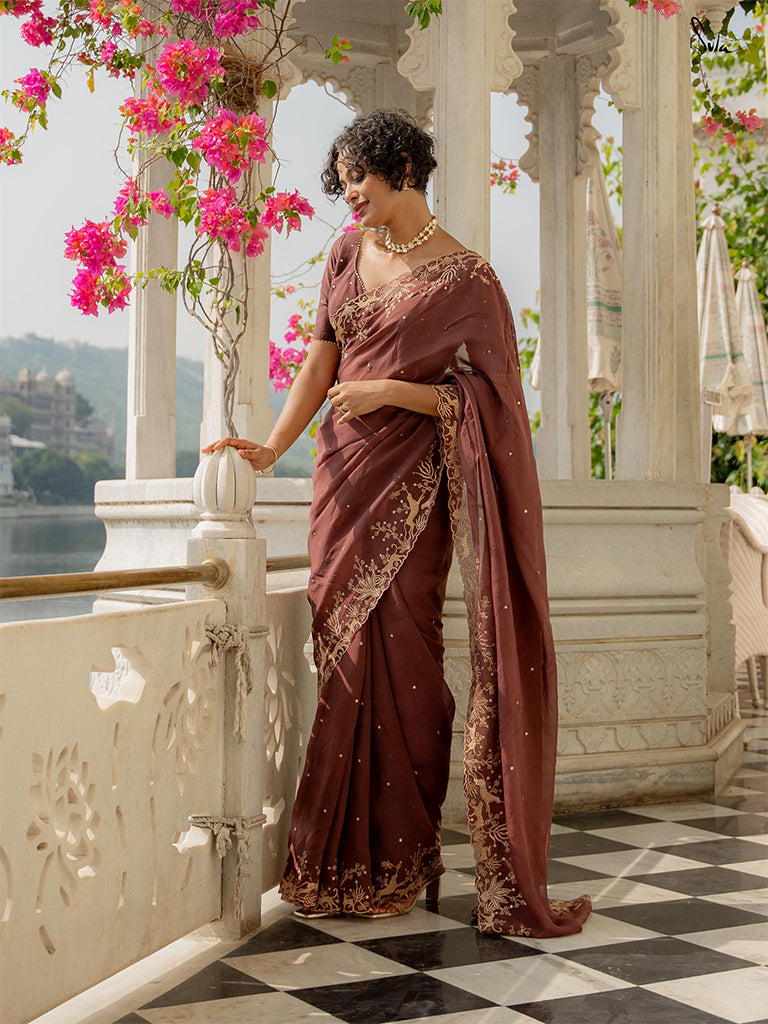 Viscose Organza Zari Designer Saree In Brown|Shireen|Suta