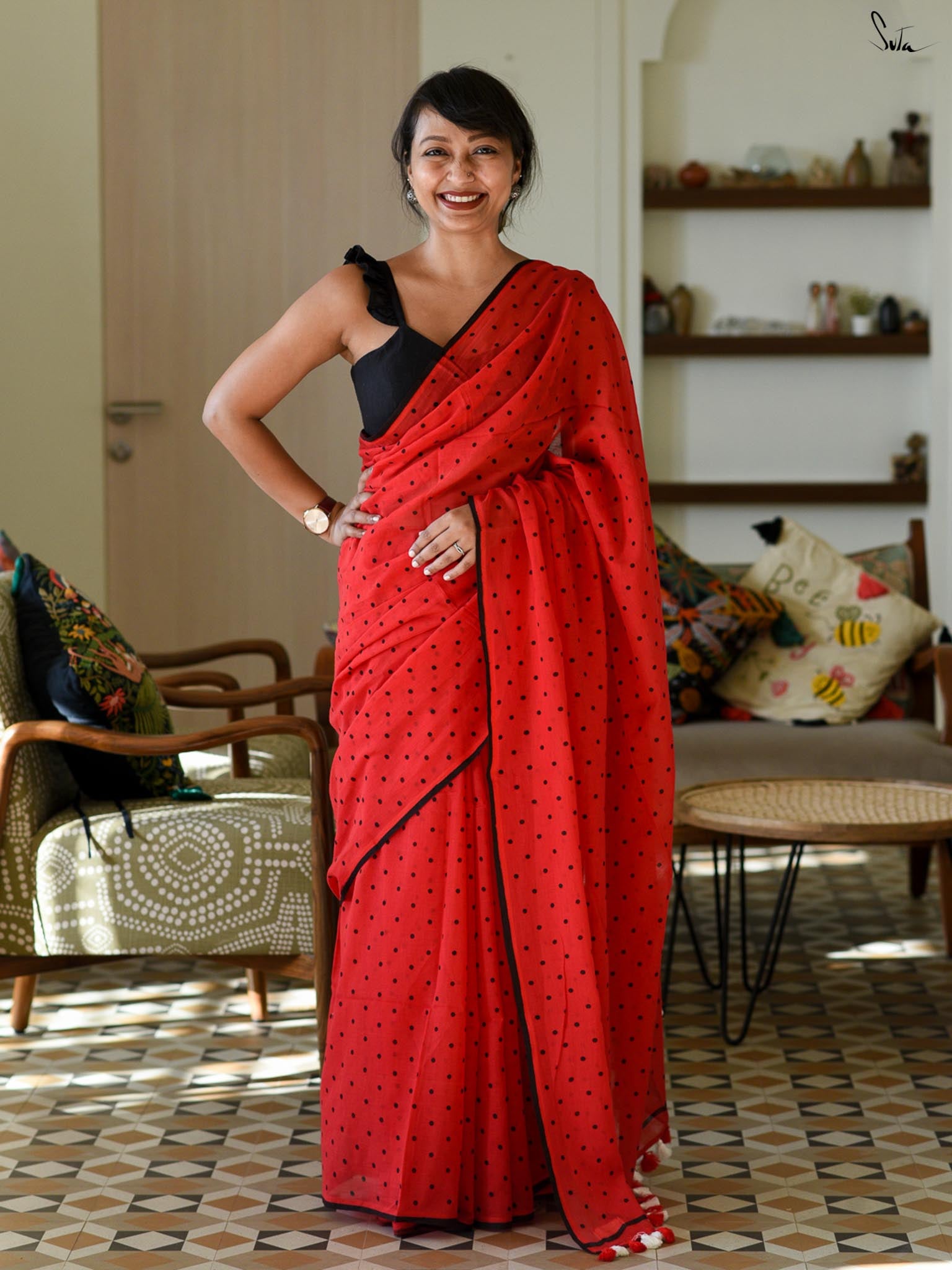 Hibiscus Polka Saree