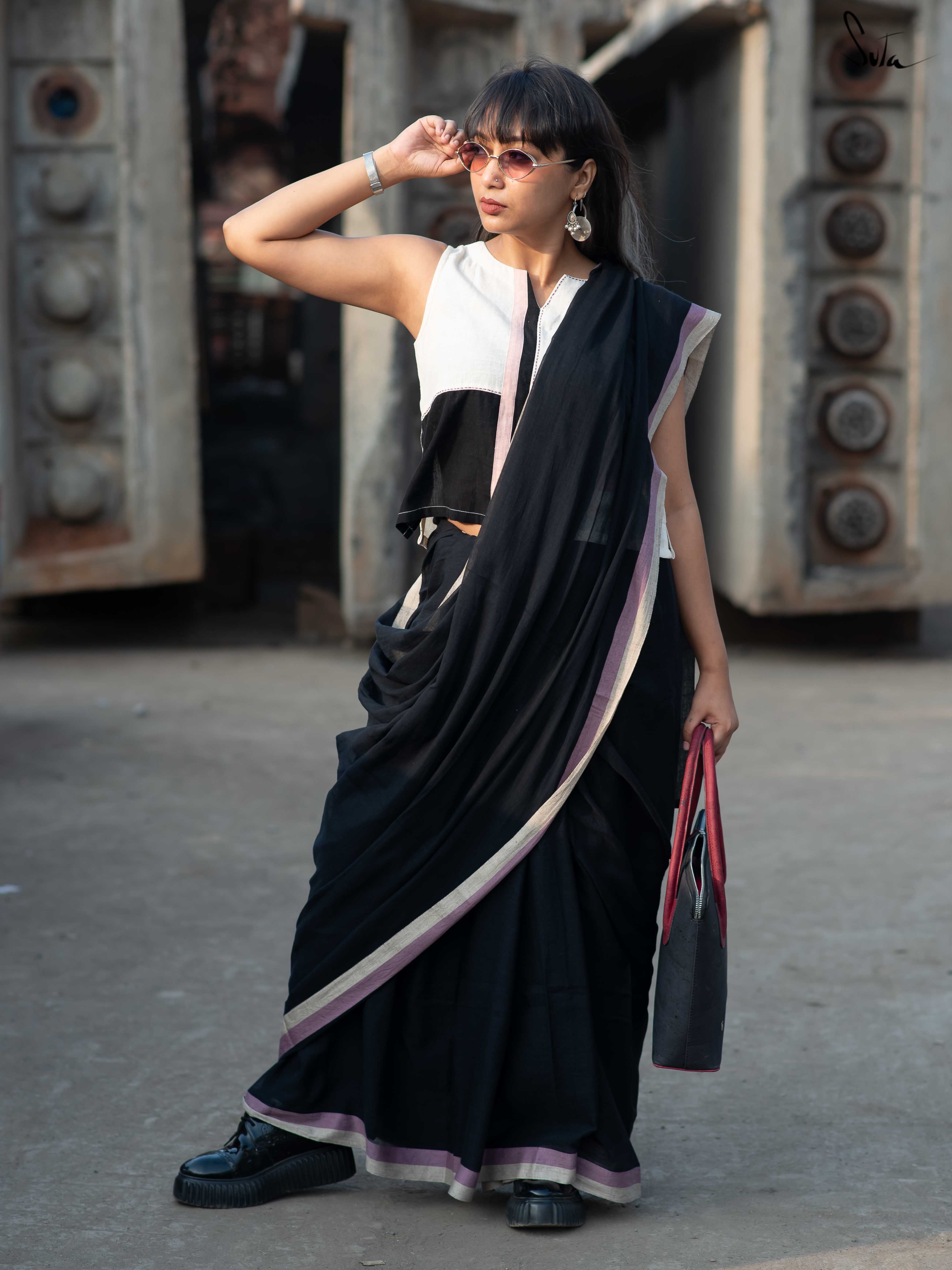 Regal Black Cotton Saree with Bronze & Silver Pallu – Triyah