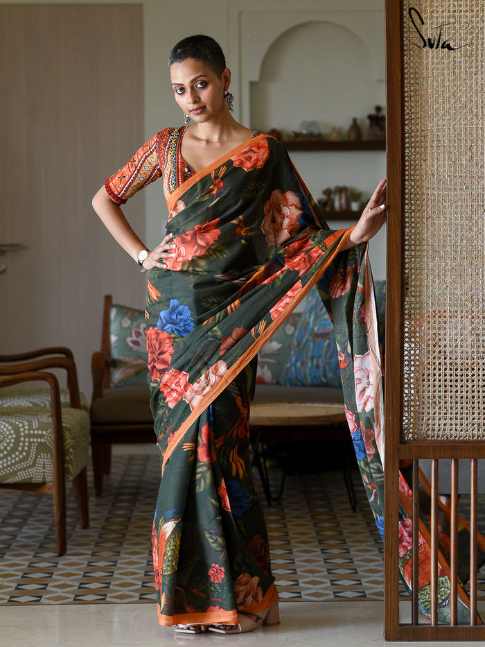 Floral Printed Soft Cotton Dark Green Saree|Scarlet Macaw|Suta