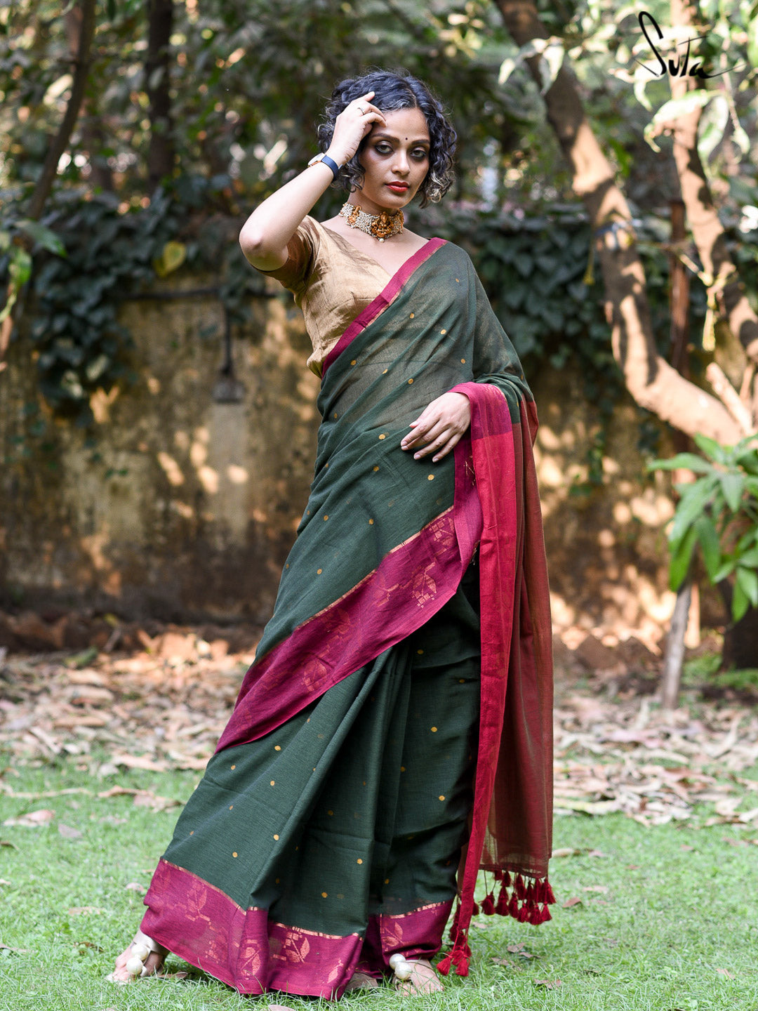 Helenium Sarees Cotton Zari Olive Green Saree With Tassels|Heena Kusum|Suta