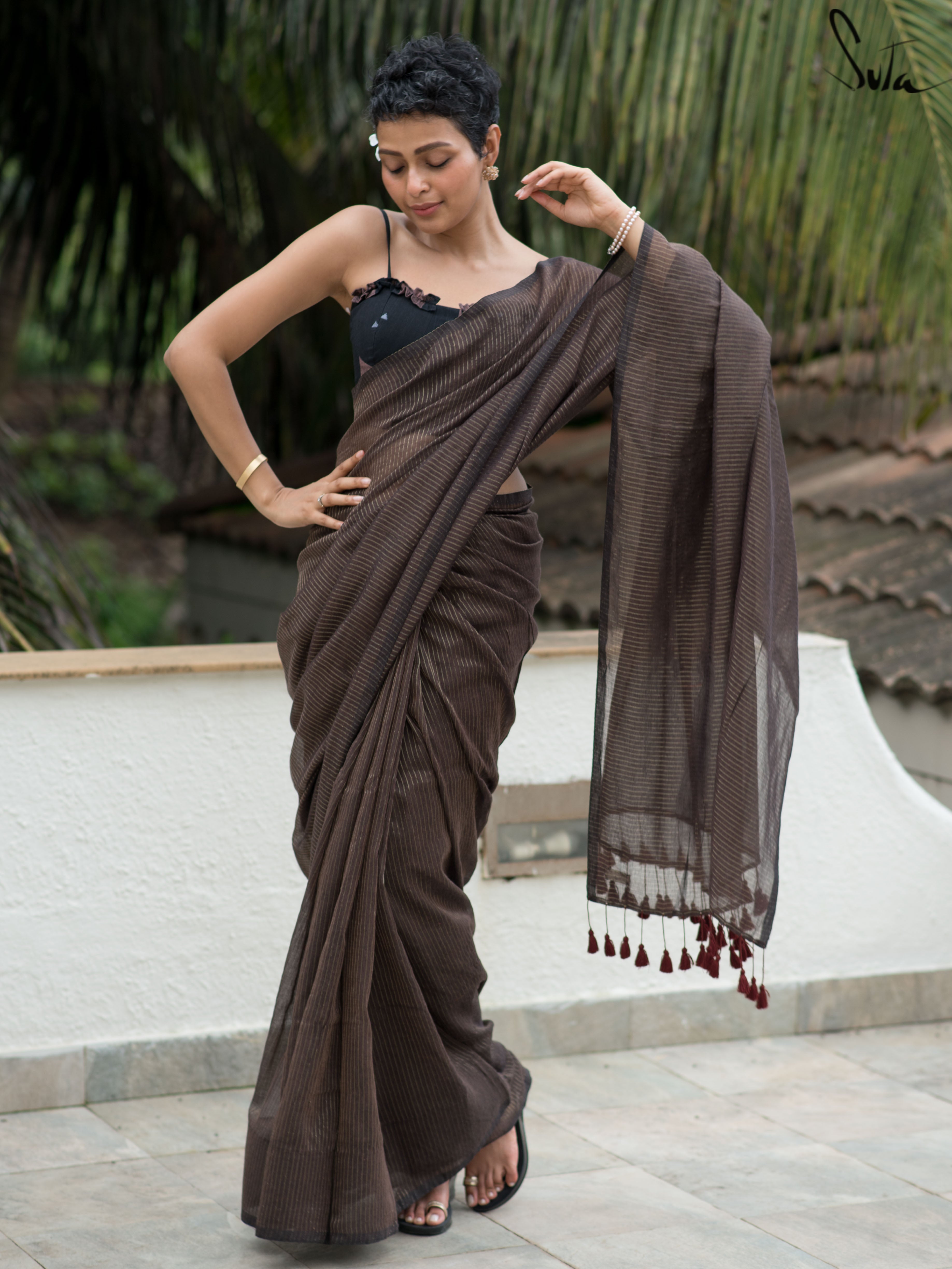 Copper Brown Kanjivaram Saree with Contrast Blouse - Urban Womania