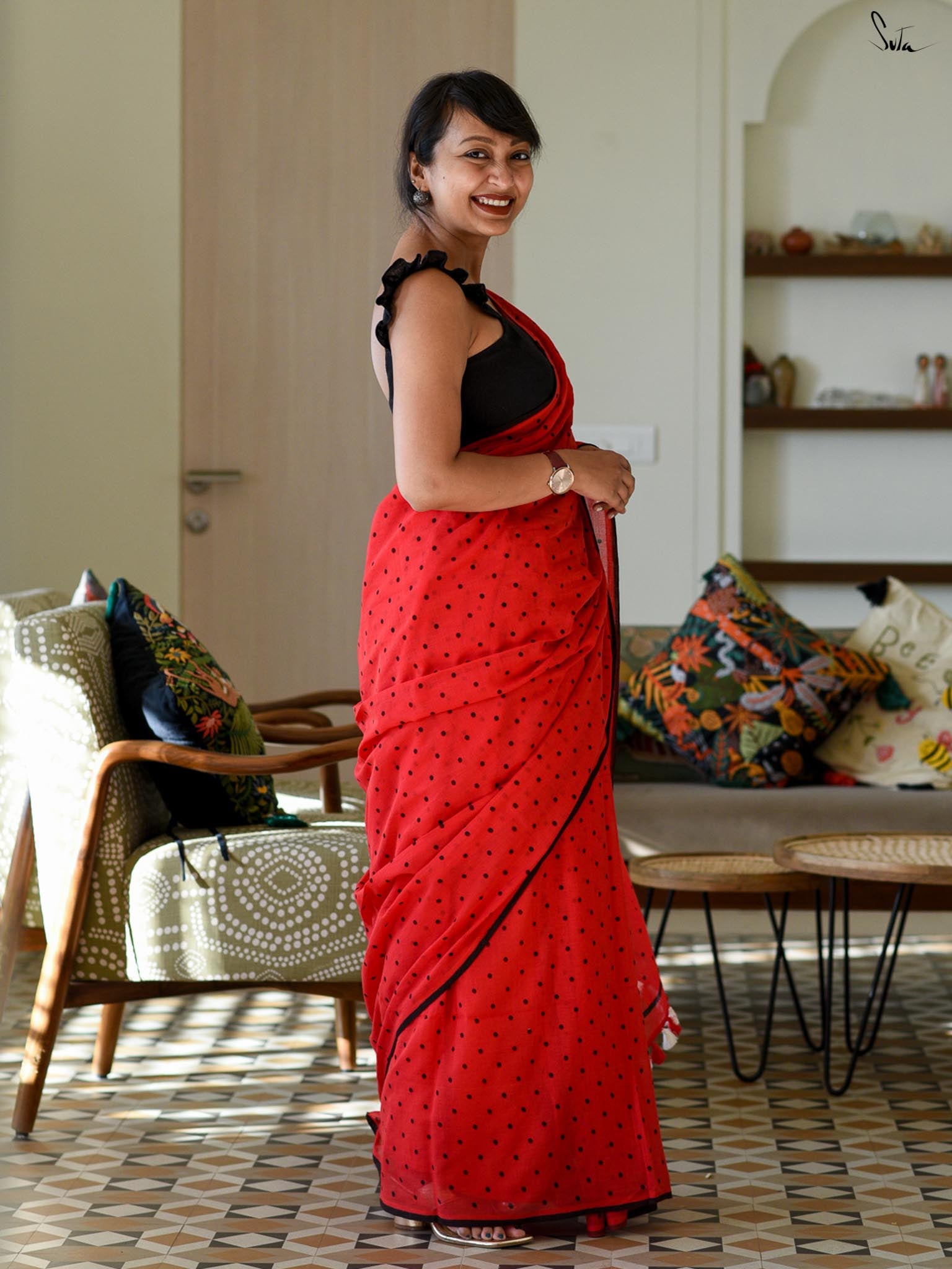 Hibiscus Polka Saree