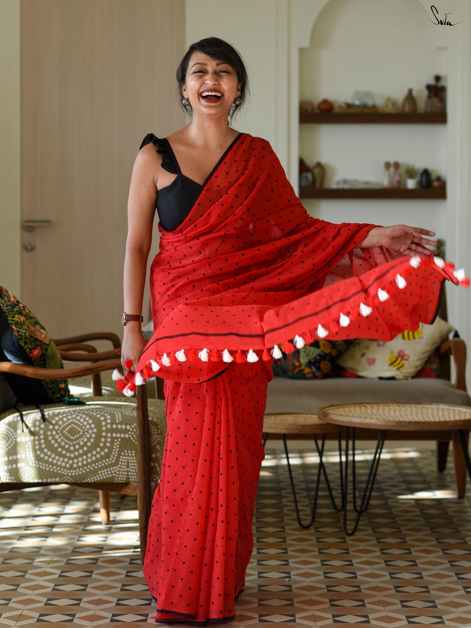 Hibiscus Polka Saree