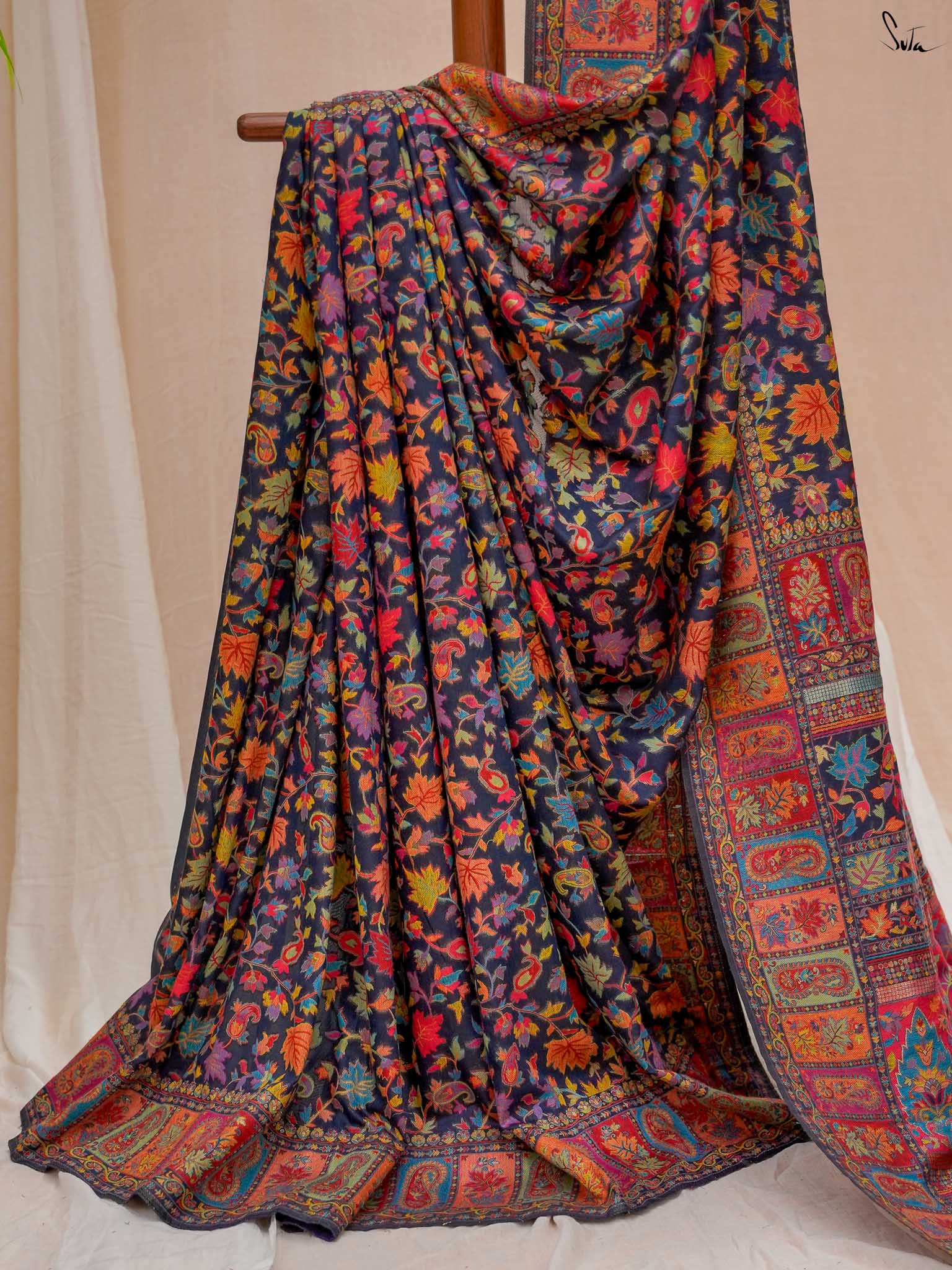 Apricot Pashm Multicolour Woolen Saree