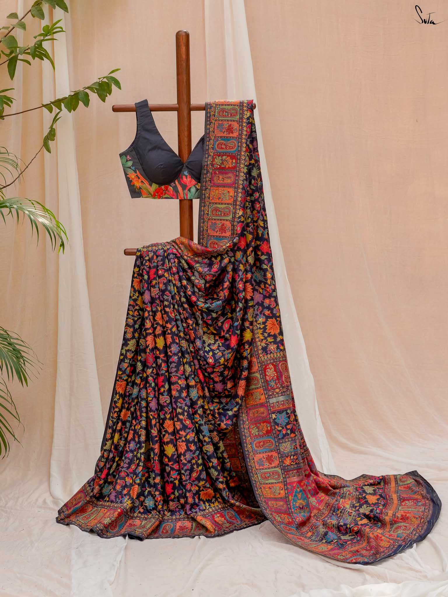 Apricot Pashm Multicolour Woolen Saree