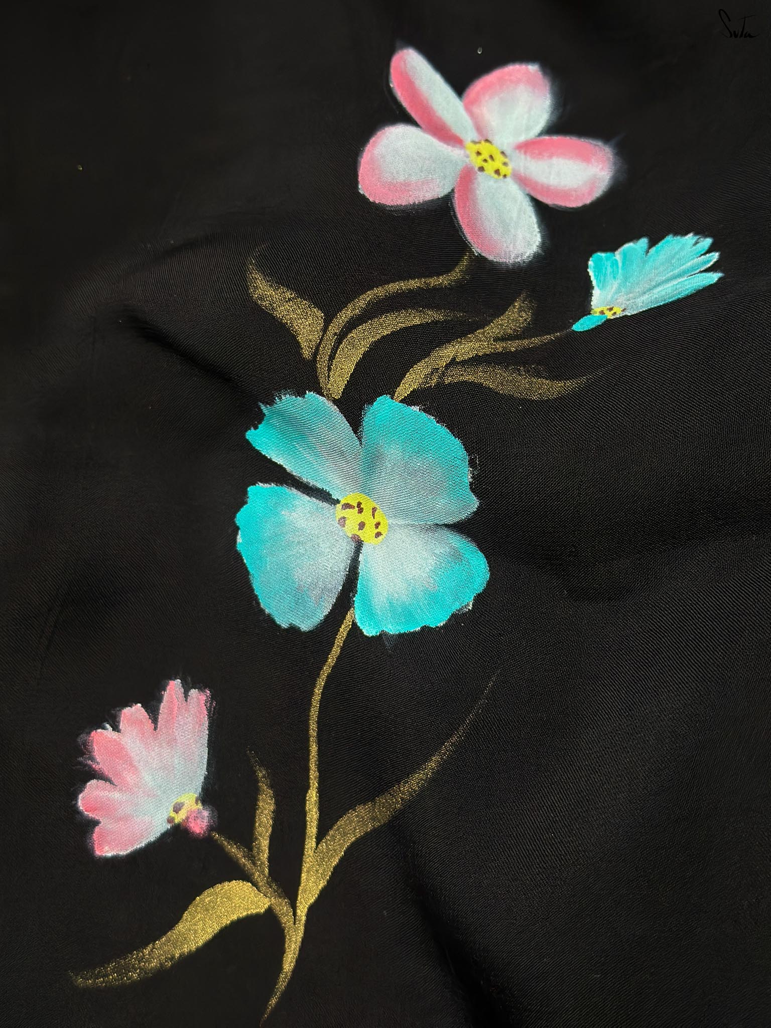 Blue Rose Noir (Hand Painted Viscose Saree)