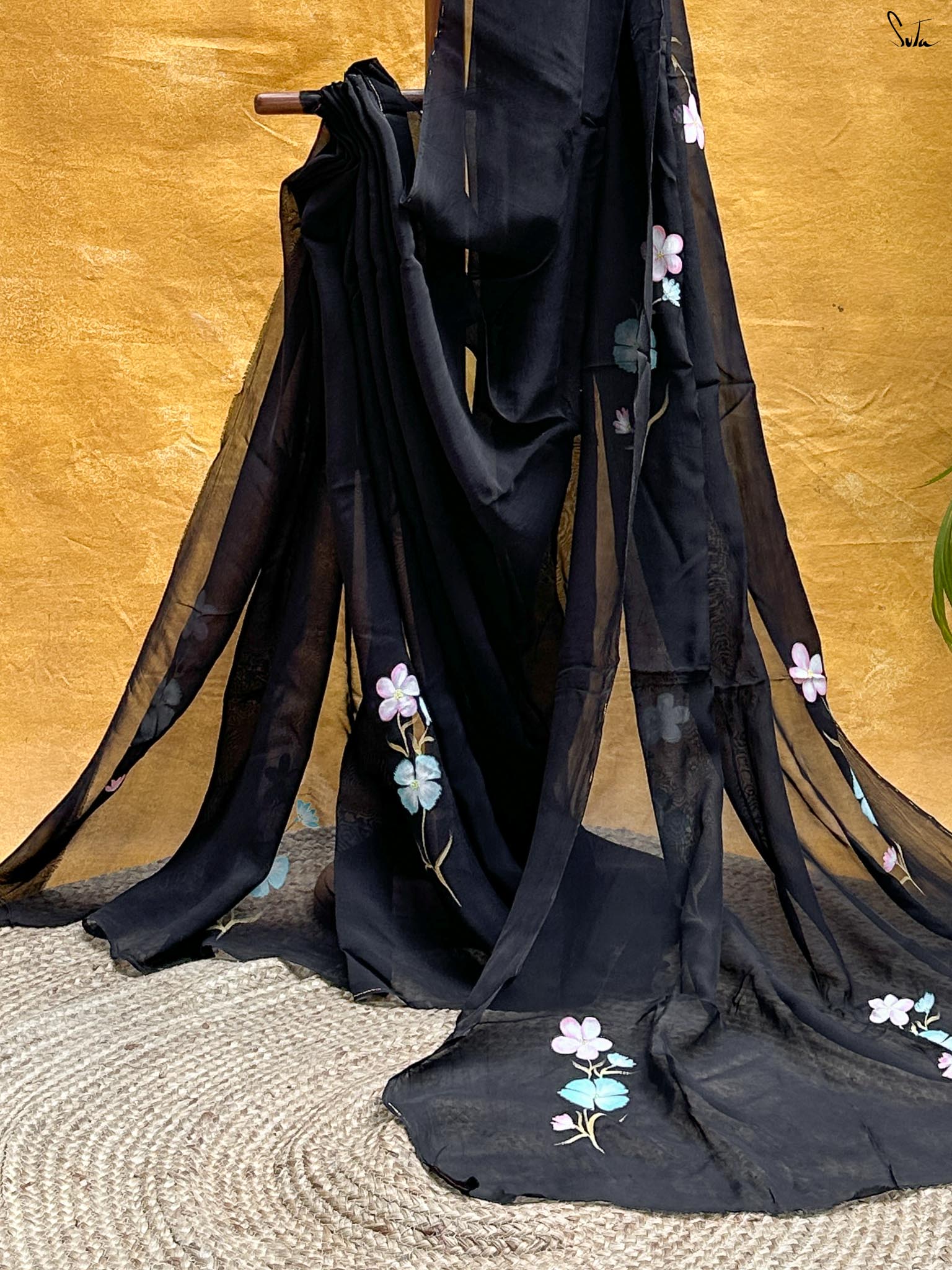 Blue Rose Noir (Hand Painted Viscose Saree)