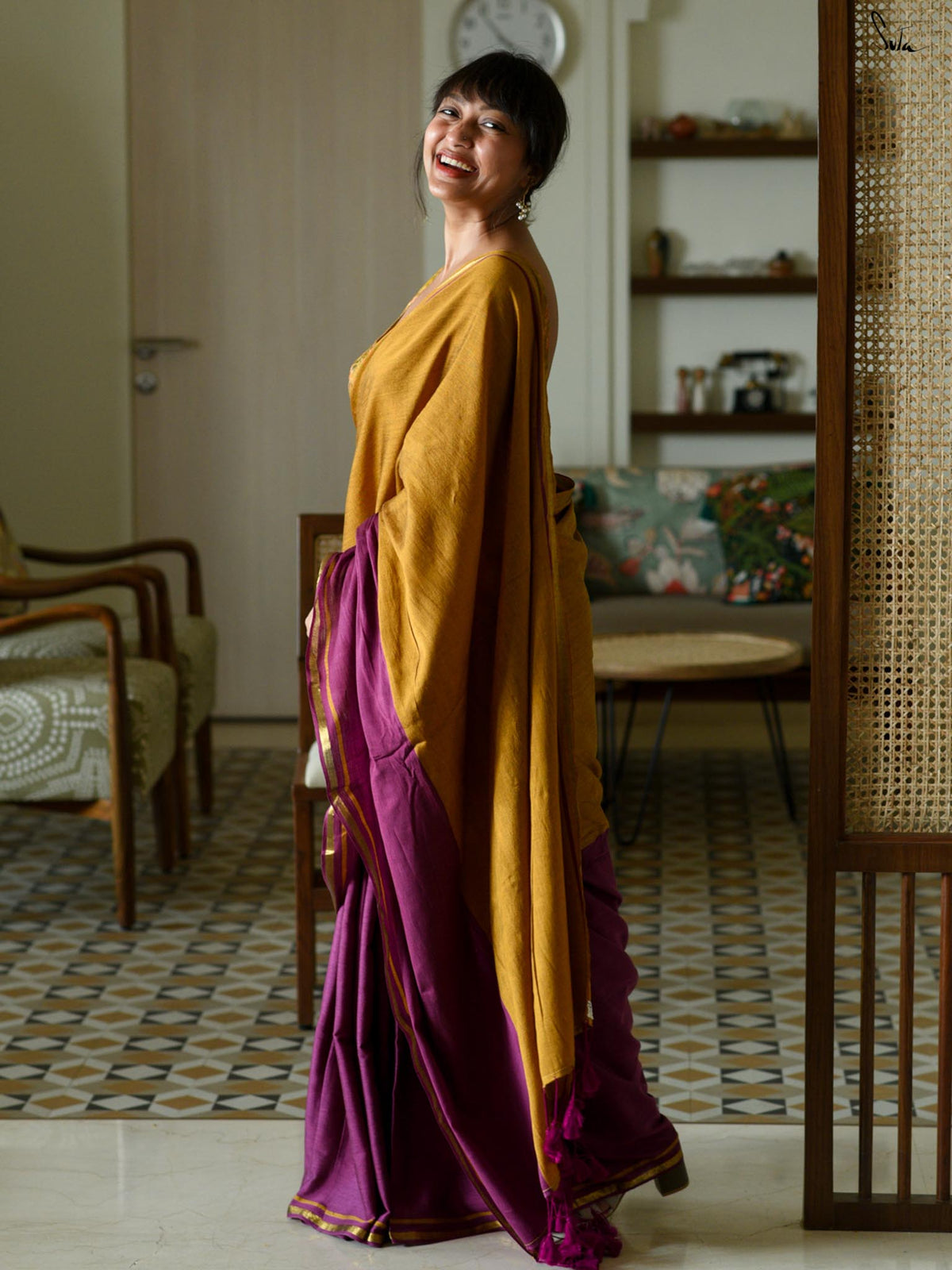Double Trounle: Ochre/ Maroon Saree