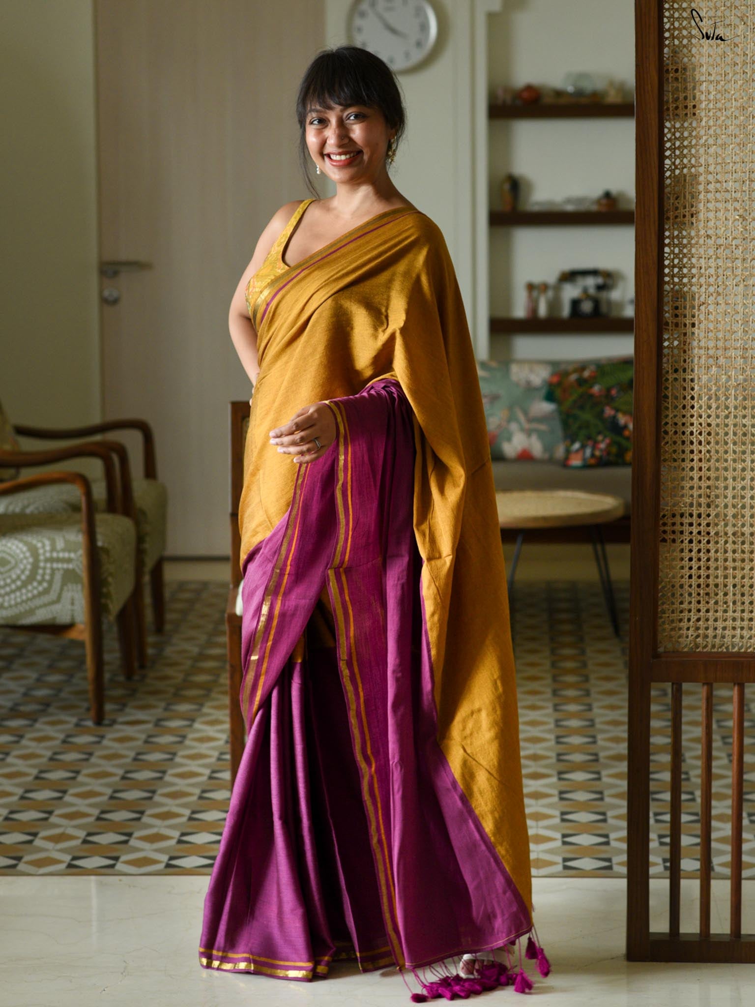 Double Trounle: Ochre/ Maroon Saree