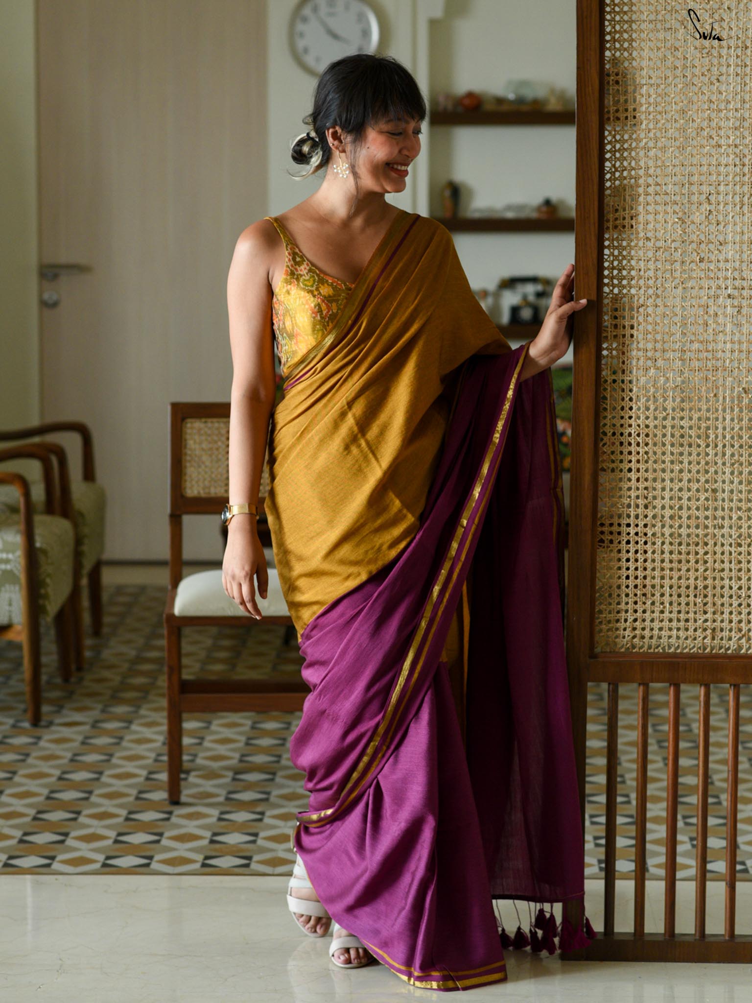 Double Trounle: Ochre/ Maroon Saree