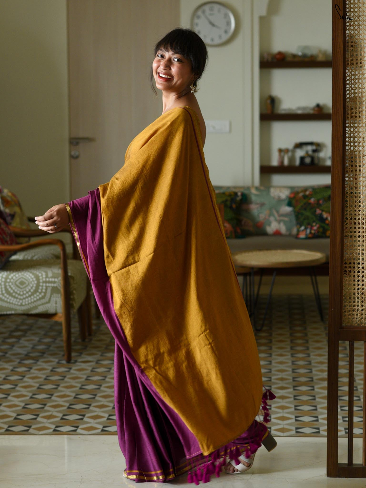 Double Trounle: Ochre/ Maroon Saree