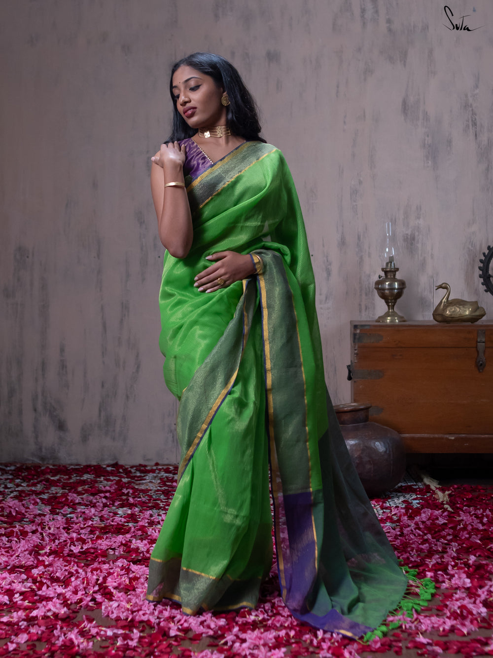 Mulmul Cotton Green Saree With Zari Work|Divyanka|Suta