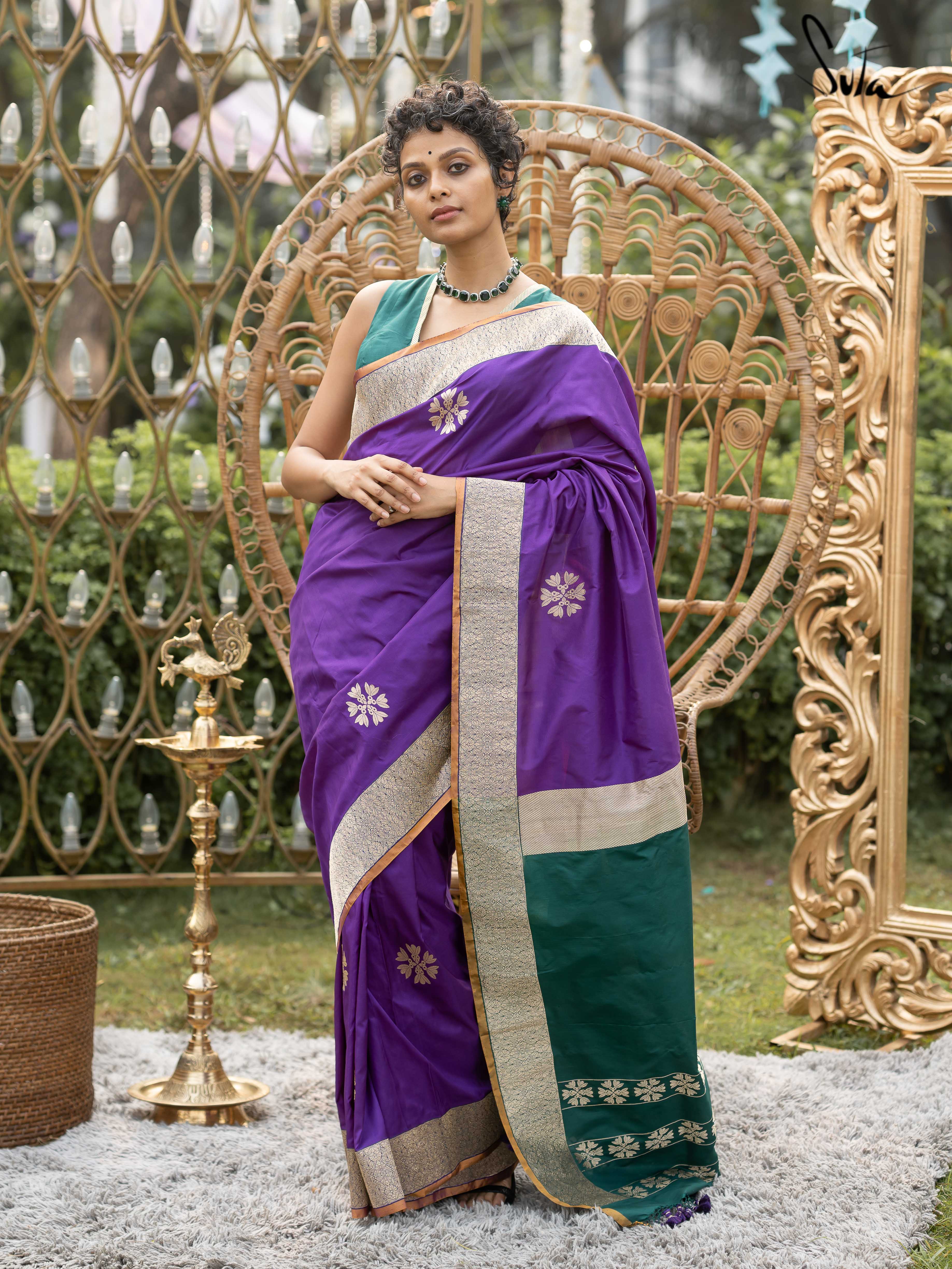 Green and Purple Maheshwari Silk Cotton Saree | Handloom for Women