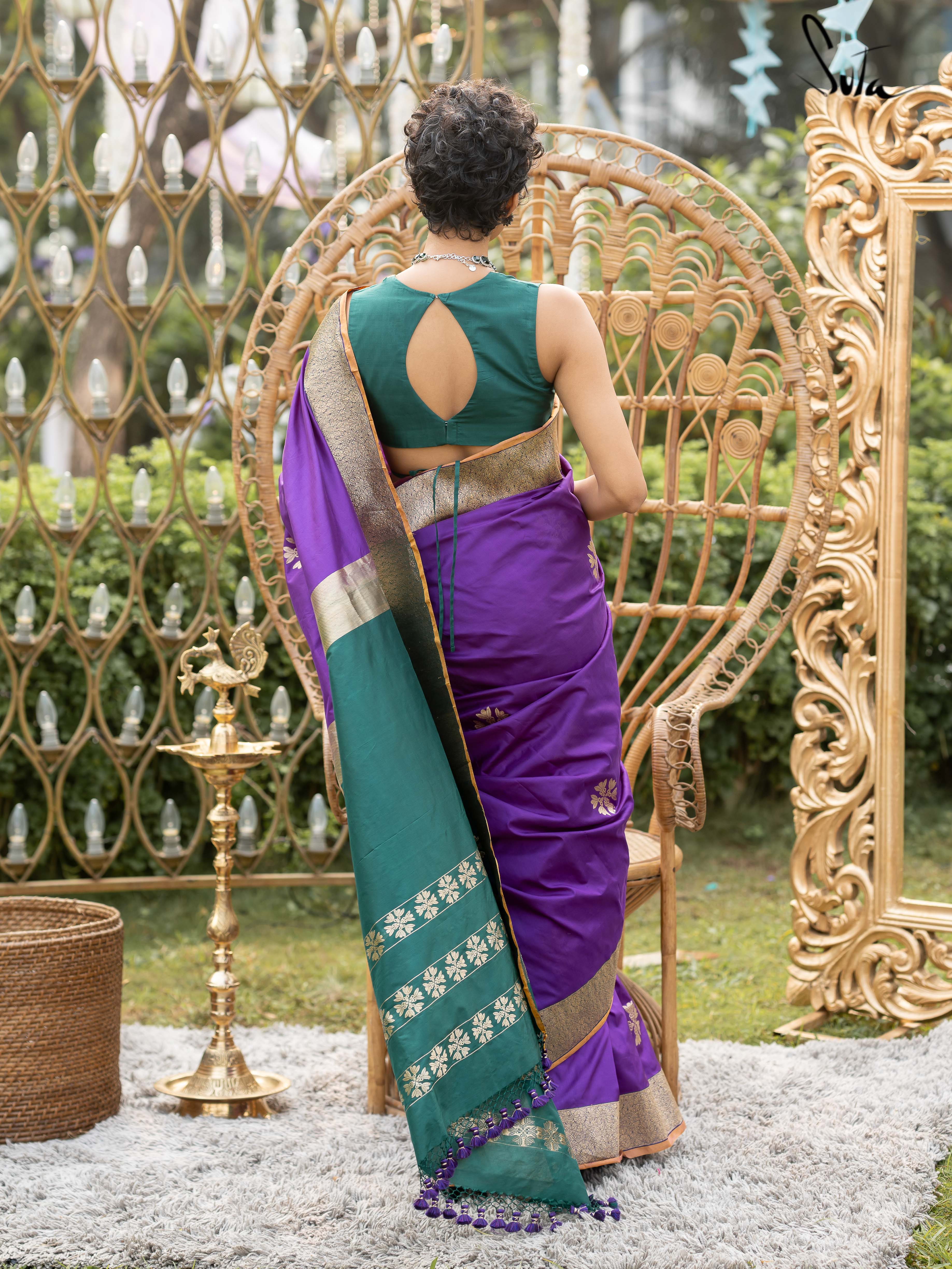 10 yards silk saree purple and green with plain body and zari woven ko –  Prashanti Sarees