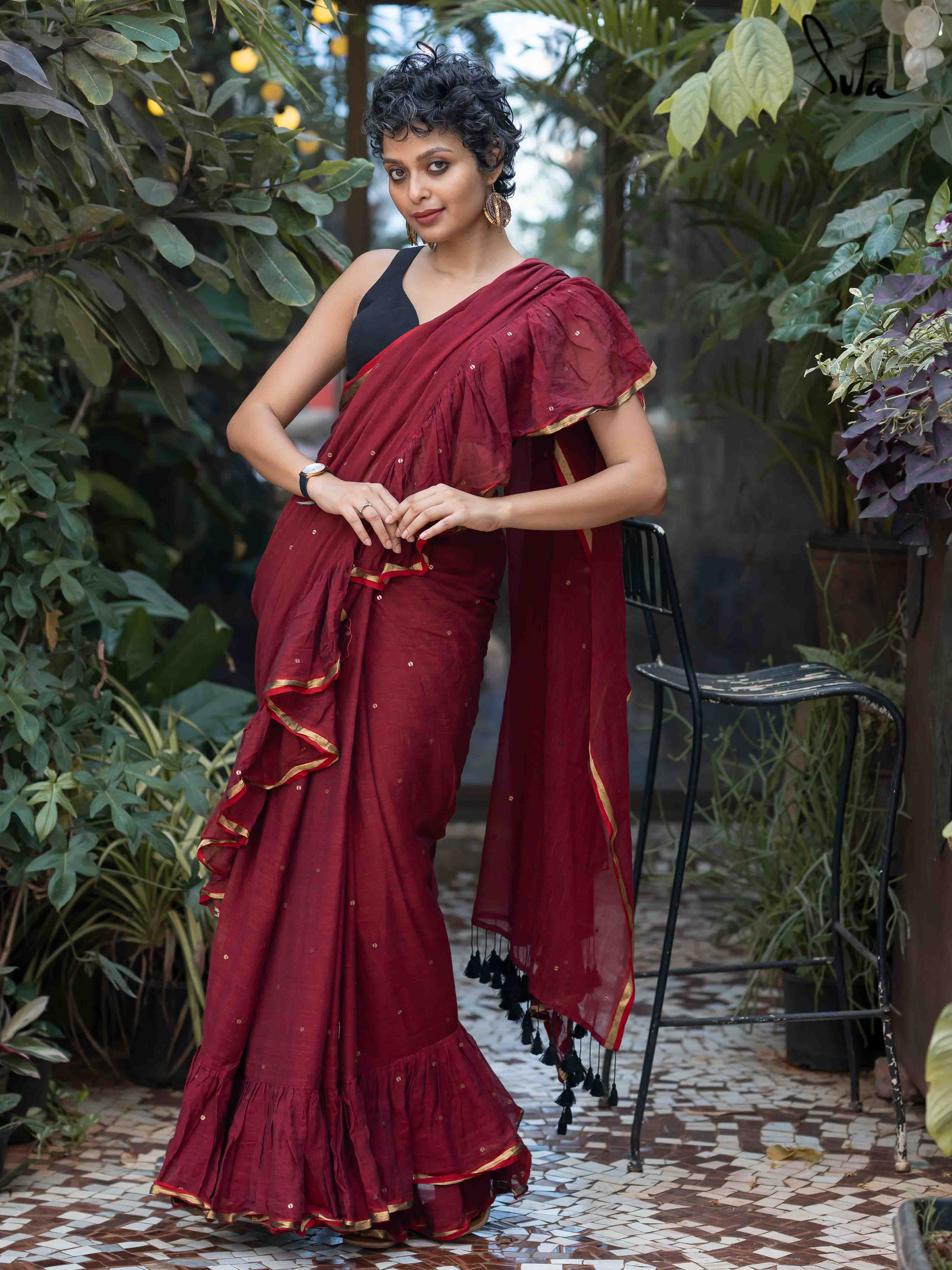 Buy Maroon Georgette Embroidery 3d Pre-draped Ruffle Saree With Blouse For  Women by Archana Kochhar Online at Aza Fashions.