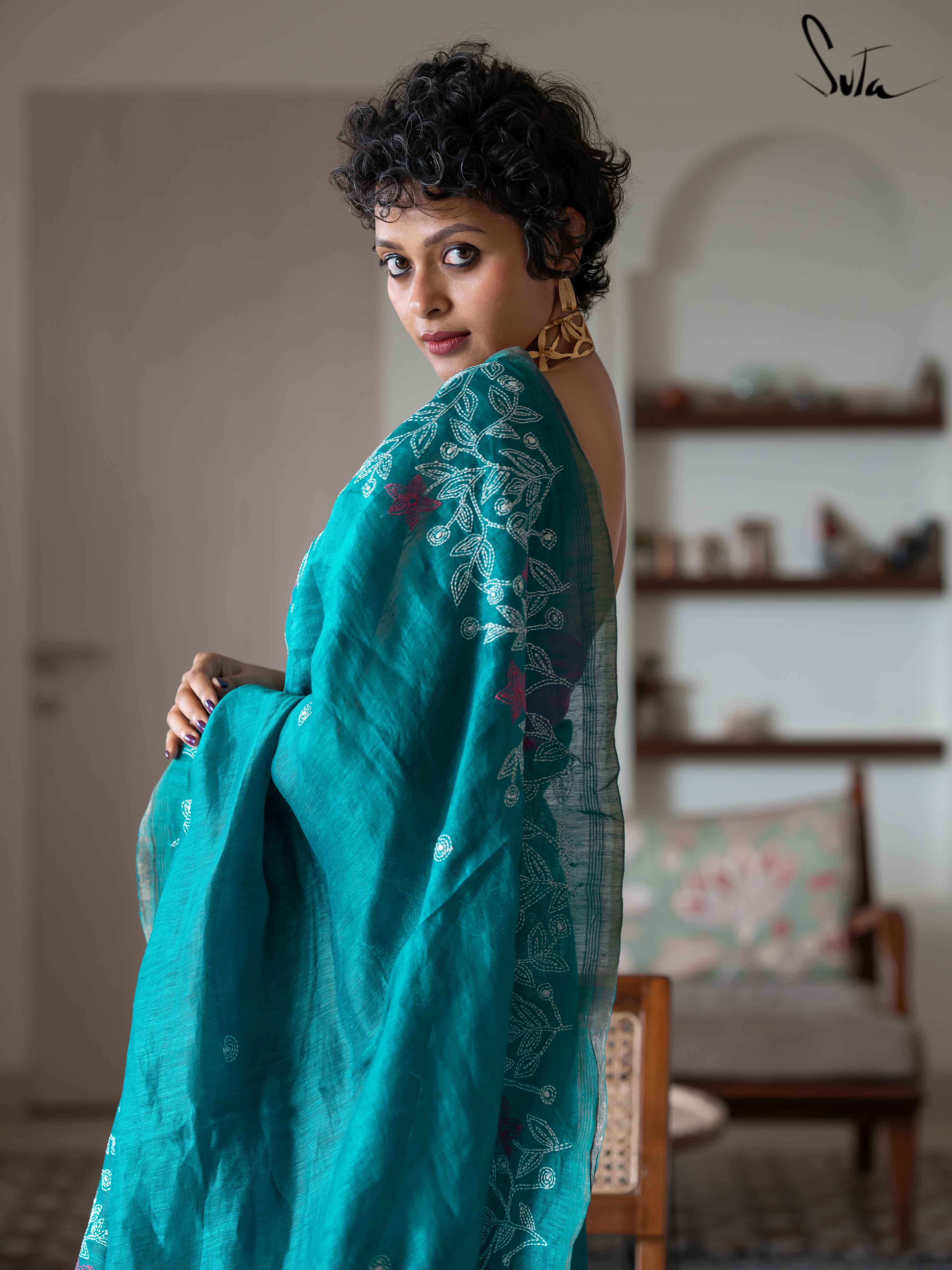 Linen Floral Embroidery Aqua Blue Saree, Forever Yours