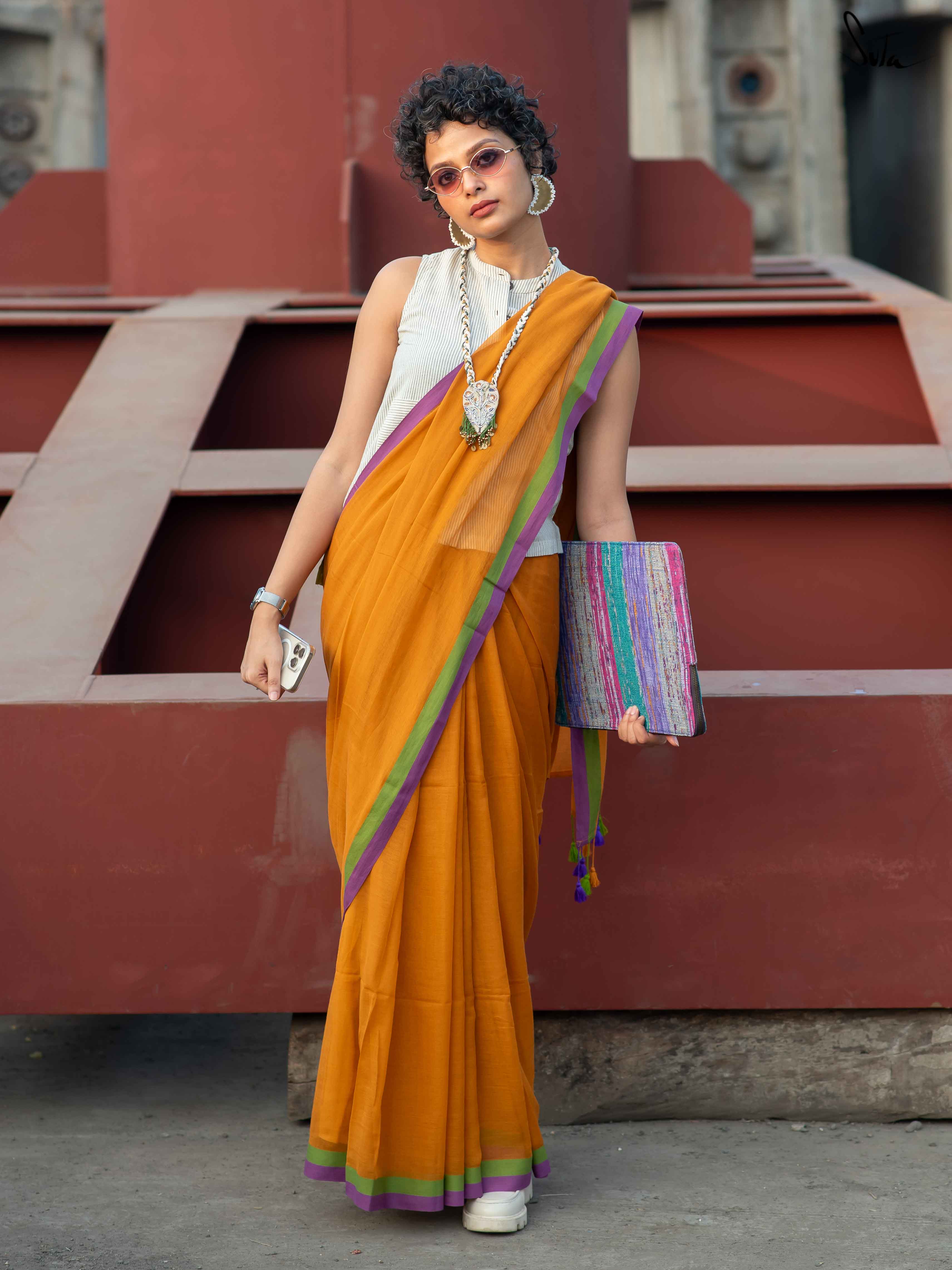 Buy Magnetic Golden Orange Woven Silk Event Wear Saree - Zeel Clothing