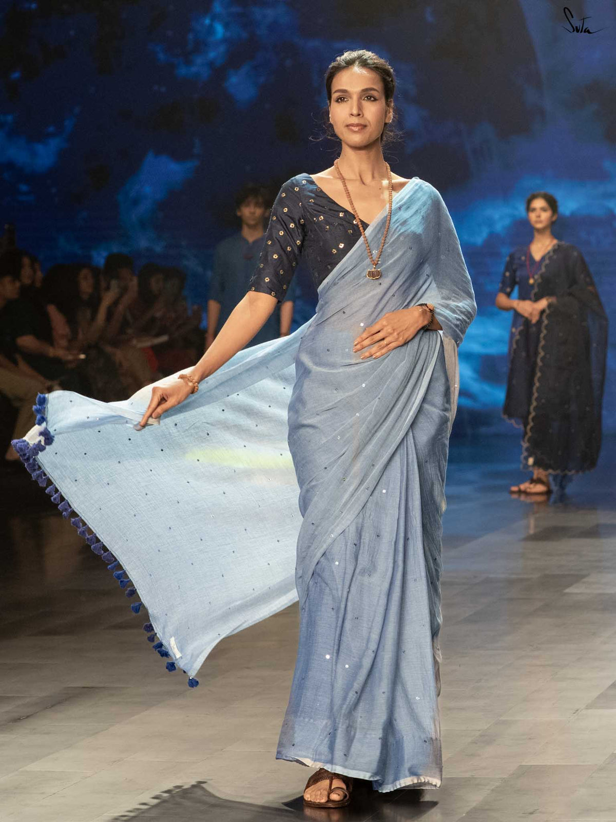 Mul Cotton Blue Saree With Sequins|Deep Blue Sea Chumki|Suta