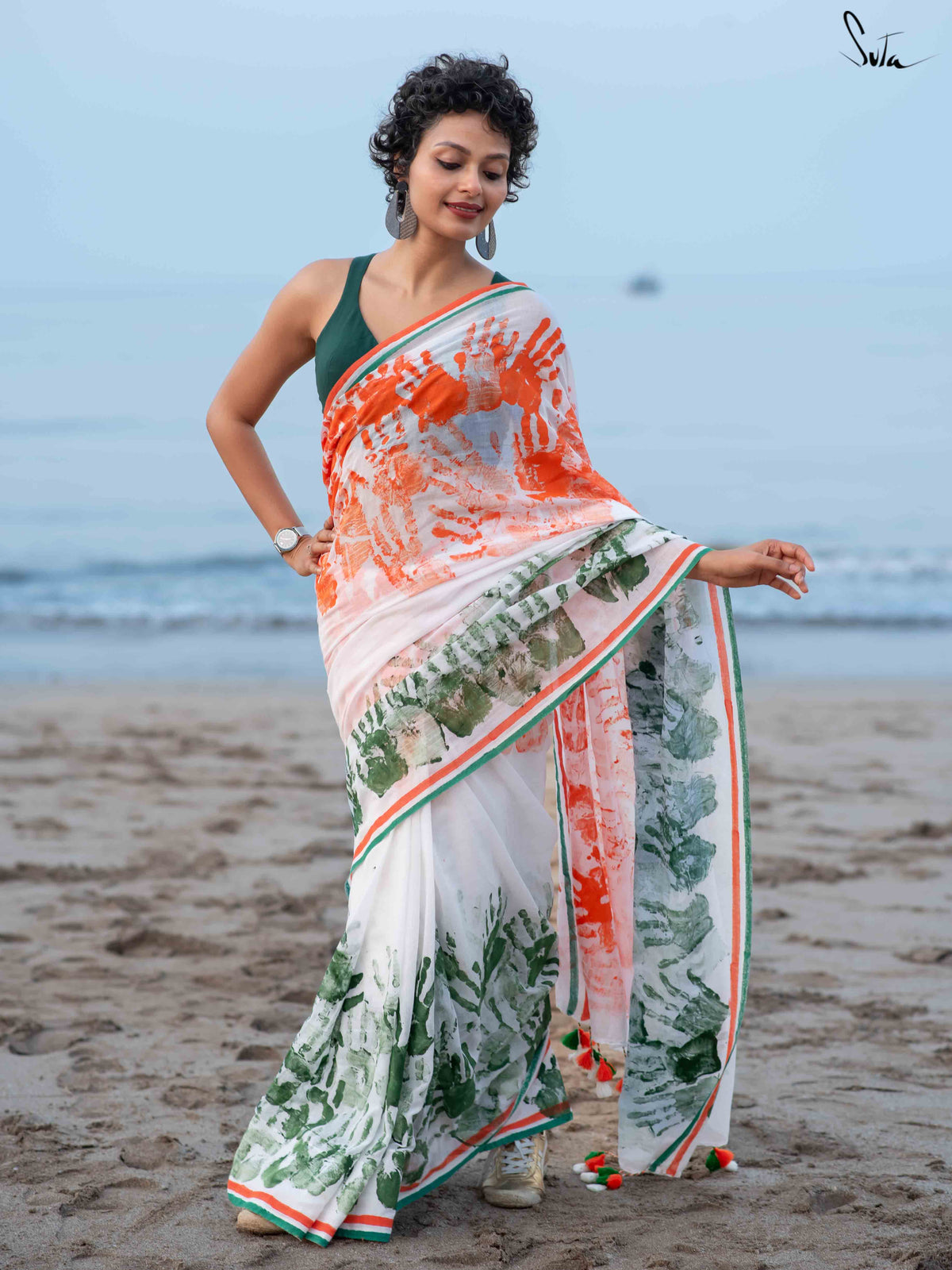 Mulmul Cotton Tiranga Republic Day Saree In White|Chaapa|Suta