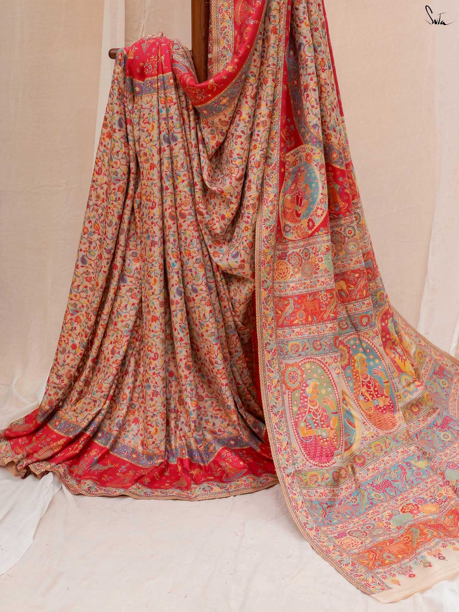 Deodar Pashm Beige Woolen Saree