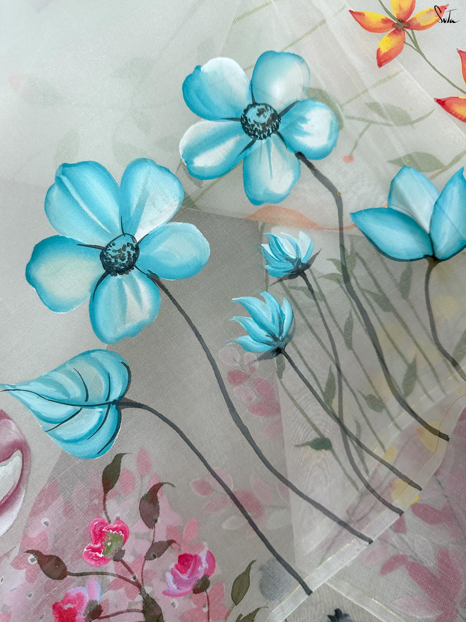 Floral Fiesta (Hand Painted Pure Organza Saree)