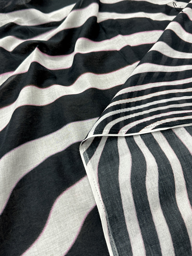 Cotton Quirky Striped Black And White Saree|Safed Black|Suta
