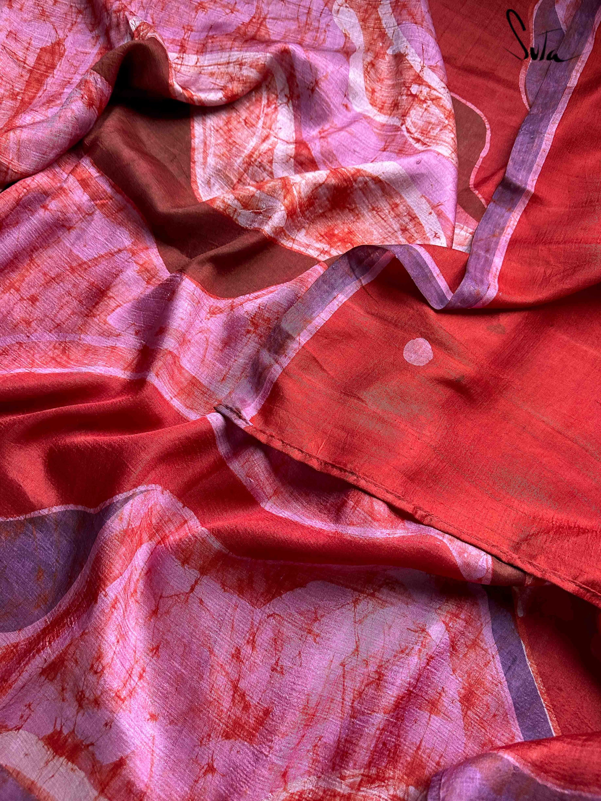 Fancy Batik Mulberry Silk Saree In Red Pink|Brija|Suta