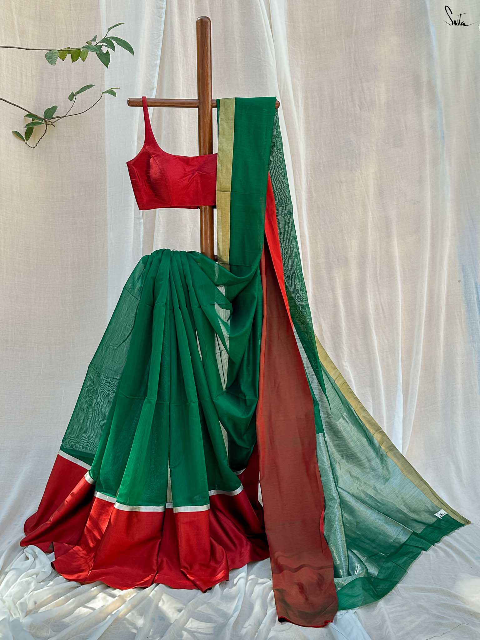 slim fit dress slacks Handwoven Cotton Silk Red Green Saree|Triumphant Tara|Suta