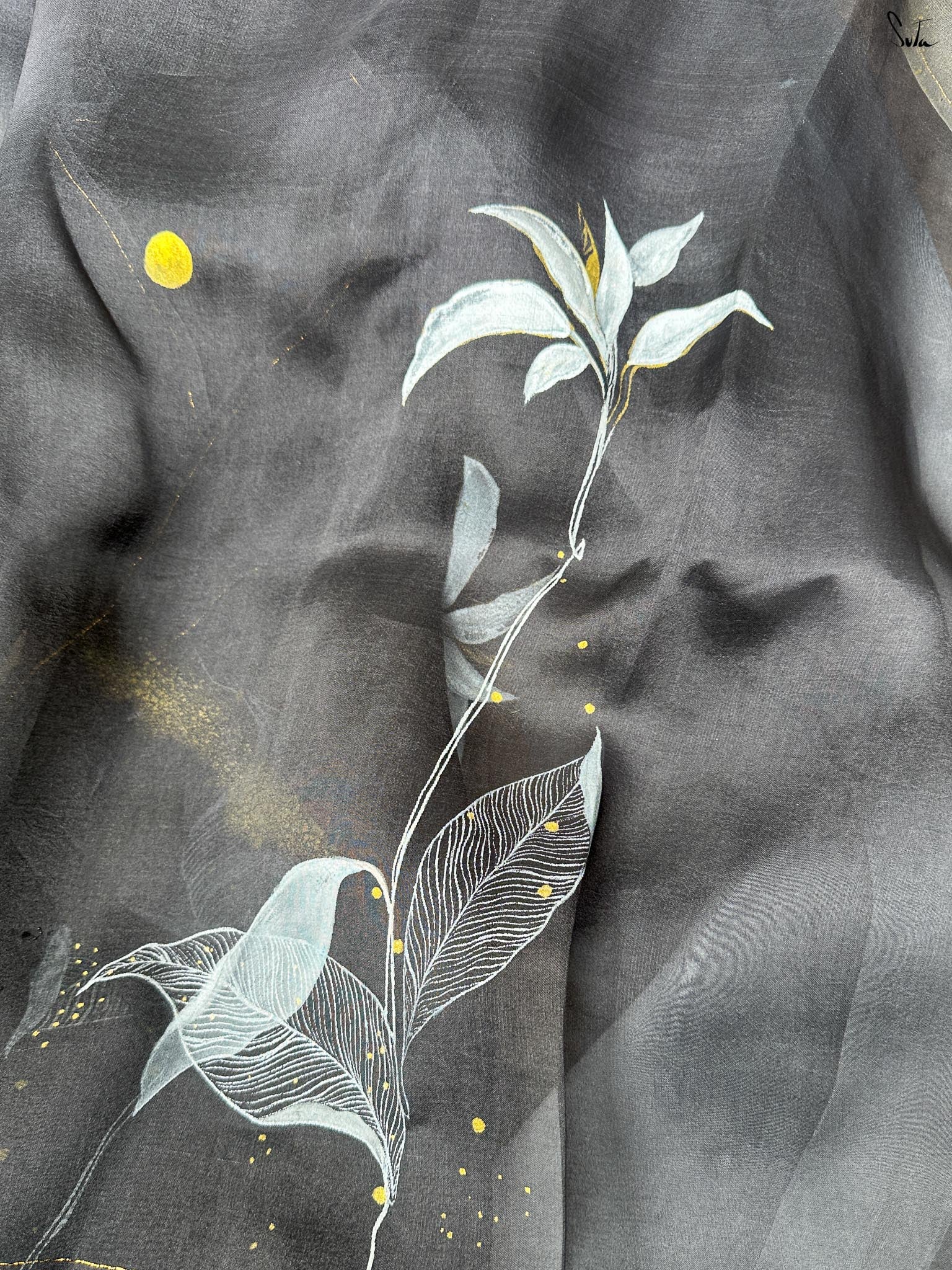 Lilies in Shadow (Hand Painted Pure Organza Saree)