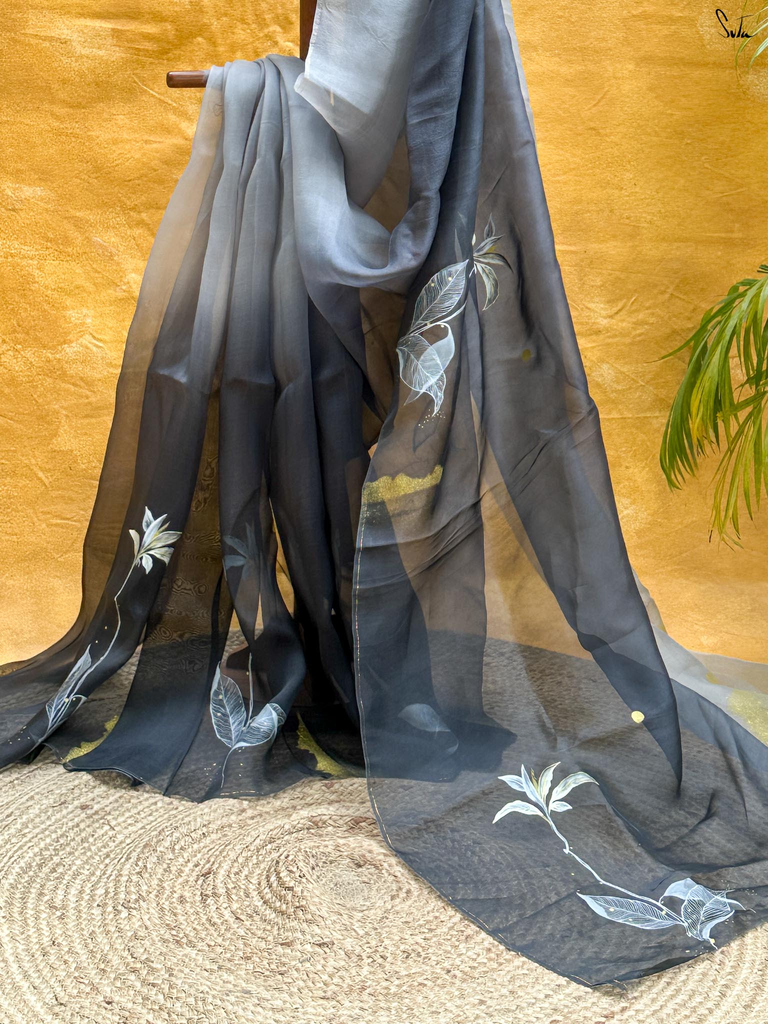 Lilies in Shadow (Hand Painted Pure Organza Saree)