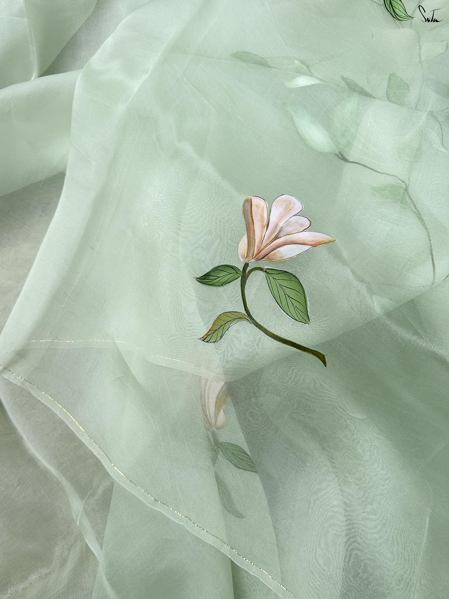 Mint Veil (Hand Painted Pure Organza Saree)