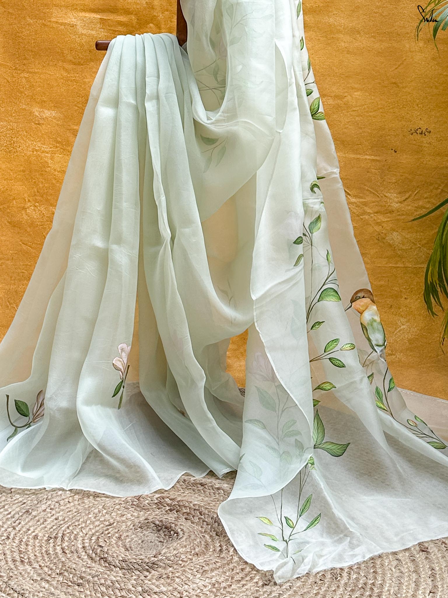 Mint Veil (Hand Painted Pure Organza Saree)
