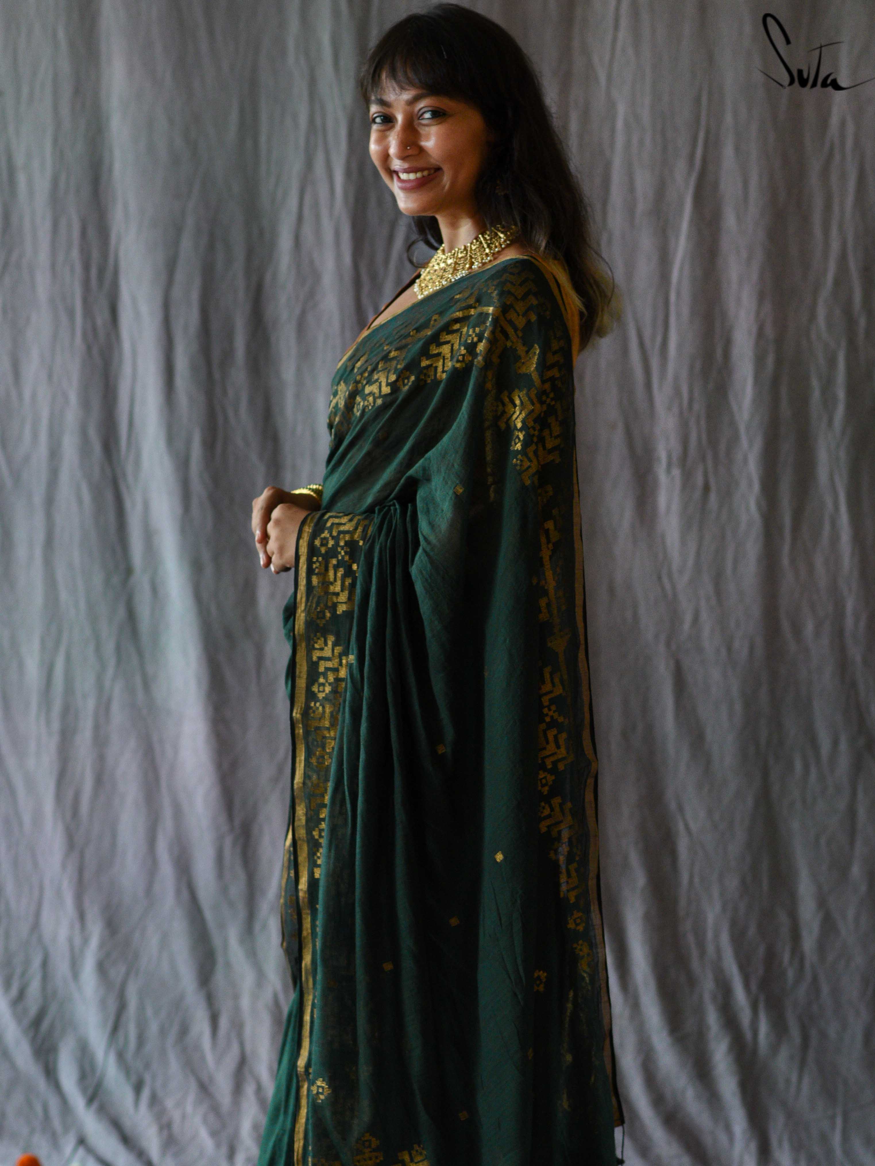 Jamdani Cotton Silk Saree in Light Green : SPN5588